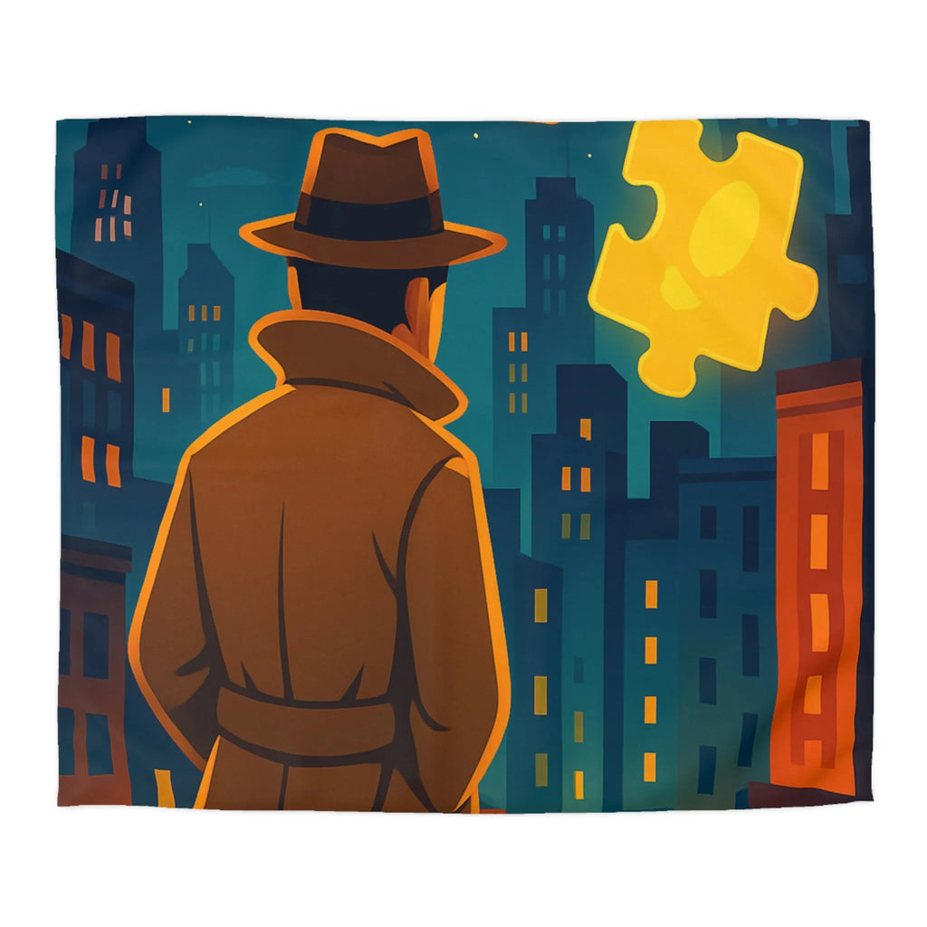 Enquête urbaine rétro avec puzzle lumineux sur housse de couette style détective nocturne