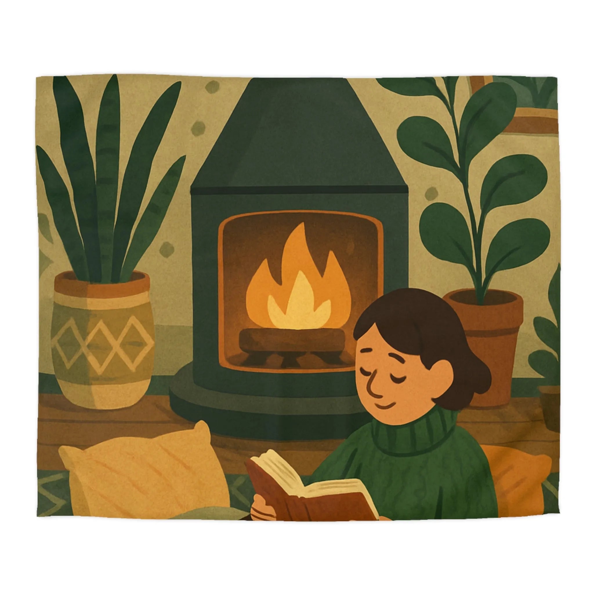 Housse de couette cosy avec cheminée et ambiance hygge, style scandinave relaxant