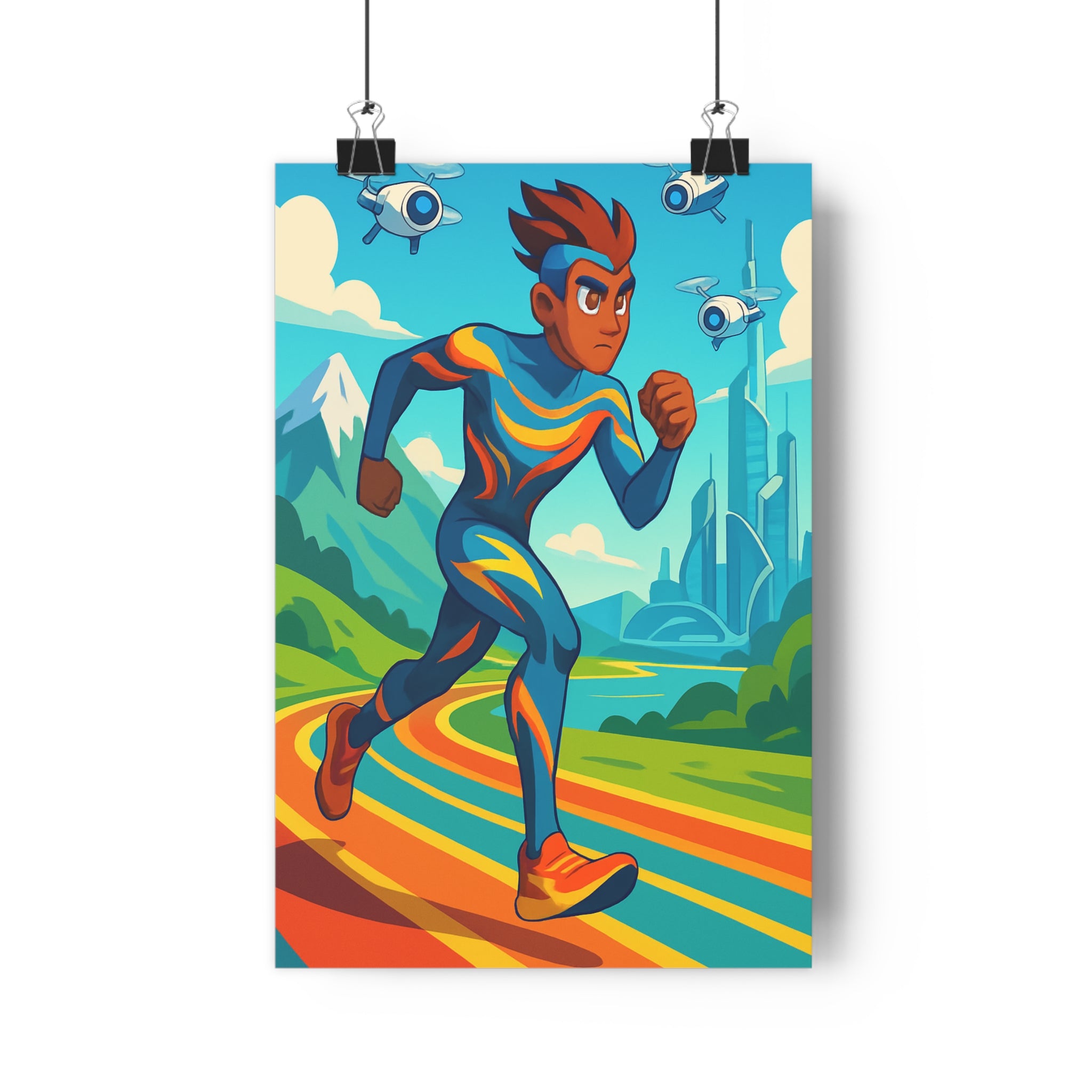 Poster décoratif dynamique athlète bleu orange vert moderne énergique chambre bureau salon vibrant tendance