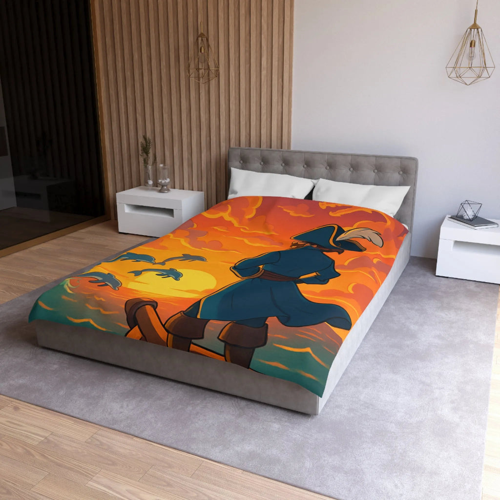 Housse de couette avec pirate contemplant dauphins sous ciel flamboyant au coucher du soleil