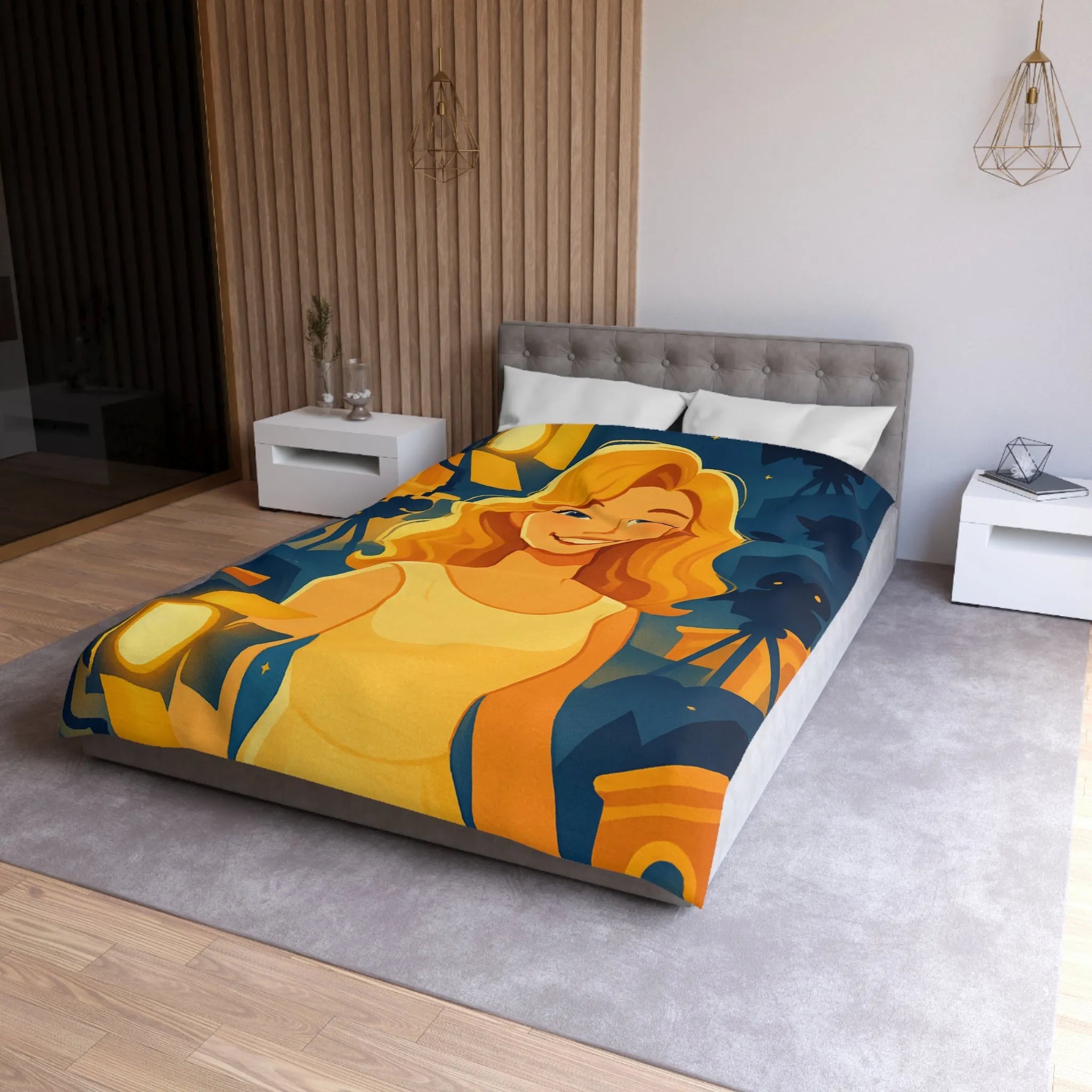 Housse de couette avec scène de tournage glamour et personnages stylisés illuminés