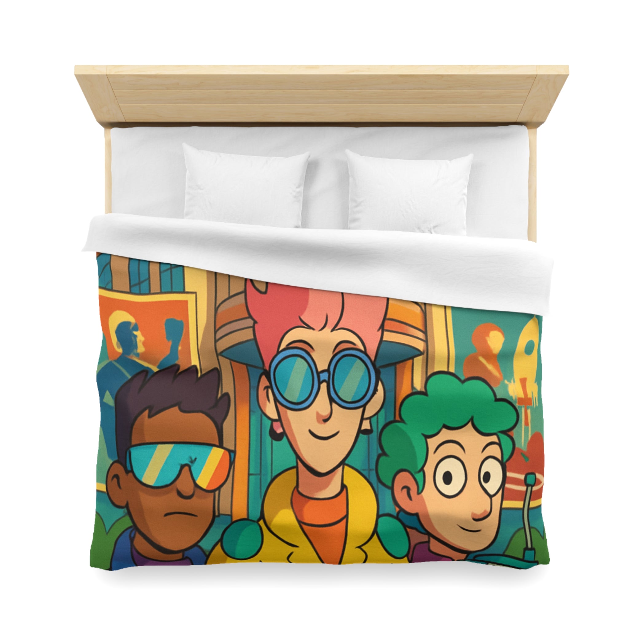 Housse de couette rétro futuriste colorée avec personnages et architecture urbaine stylisée
