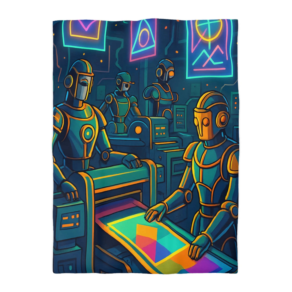 Housse de Couette Design Futuriste avec Robots Néons et Motifs Géométriques Vibrants