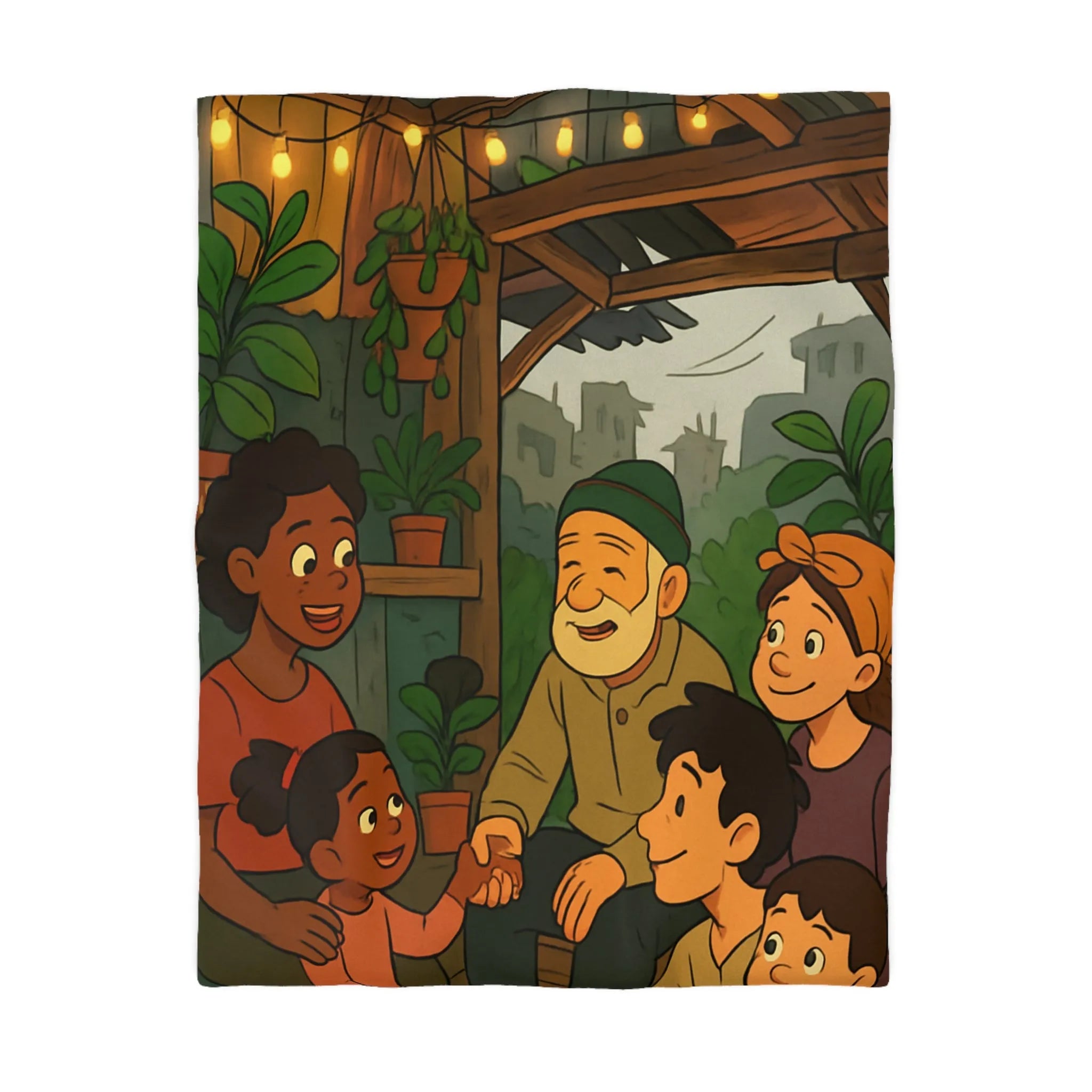 Housse de Couette Enfant avec Illustration Amusante de Famille dans un Jardin Urbain