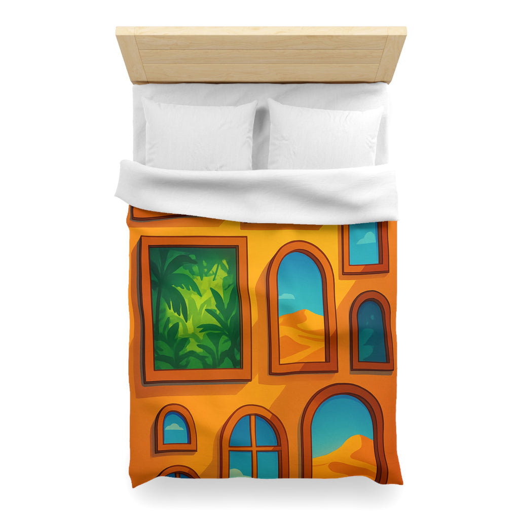 Housse de couette vibrante avec fenêtres sur l'univers et paysages exotiques