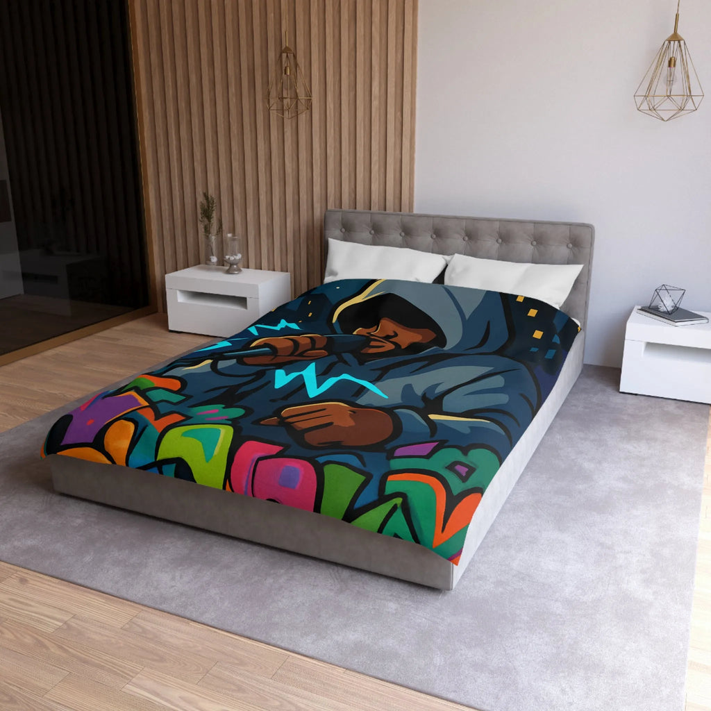 Housse de couette avec artiste hip-hop en hoodie et graffitis colorés de rue