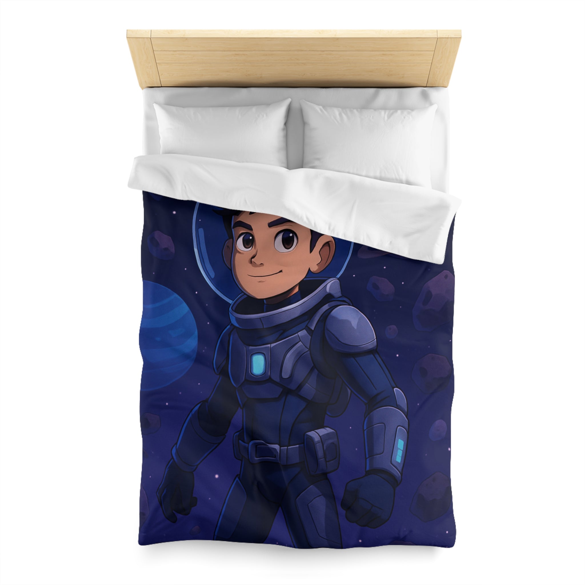 Housse de couette pour enfants : aventure spatiale avec jeune astronaute et planètes colorées