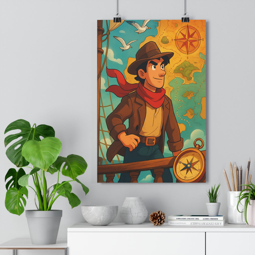 Poster décoratif cartoon aventurier océan bleu jaune aventure chambre salon enfants bureau dynamique qualité