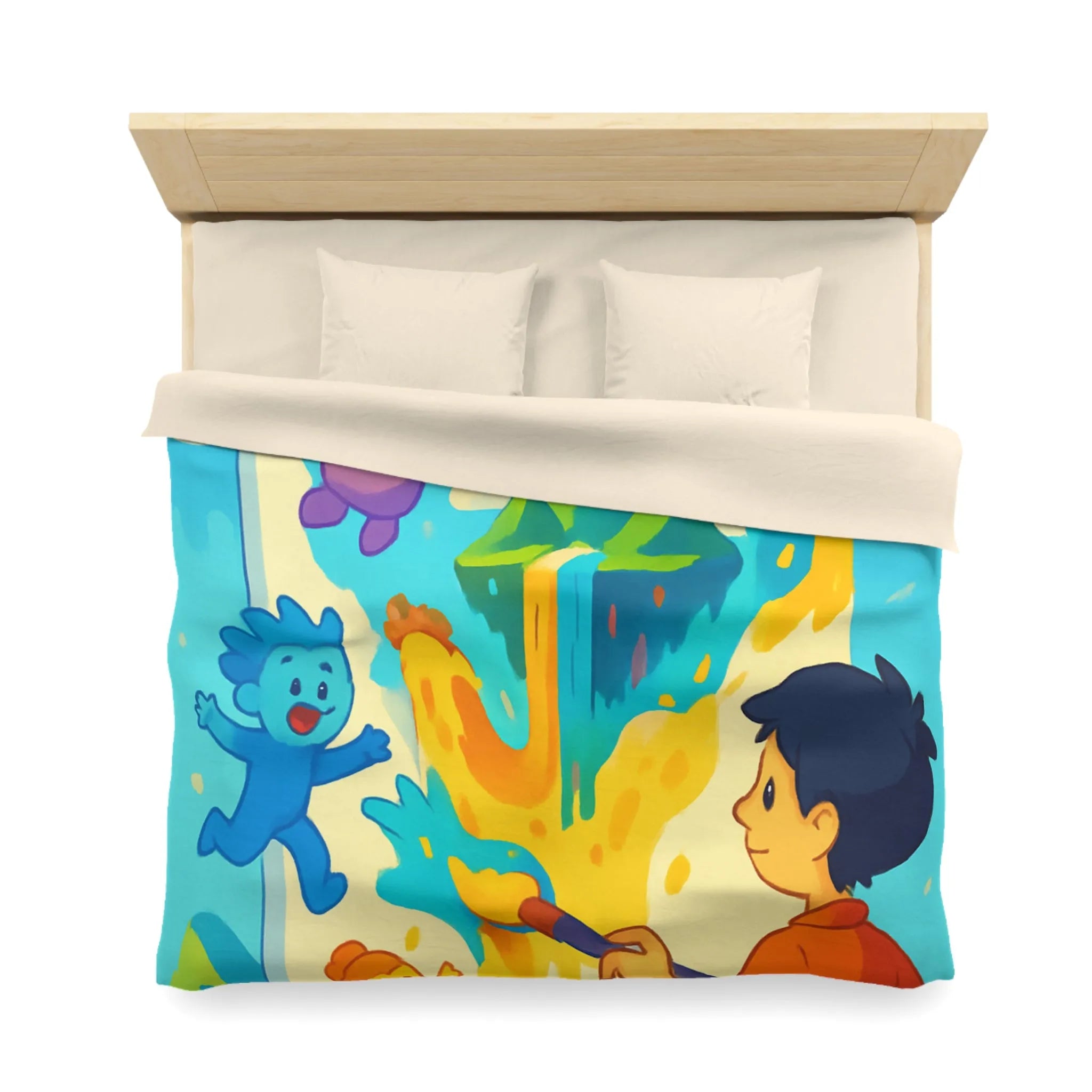 Housse de couette colorée avec personnages joyeux et paysage de montagne fantastique