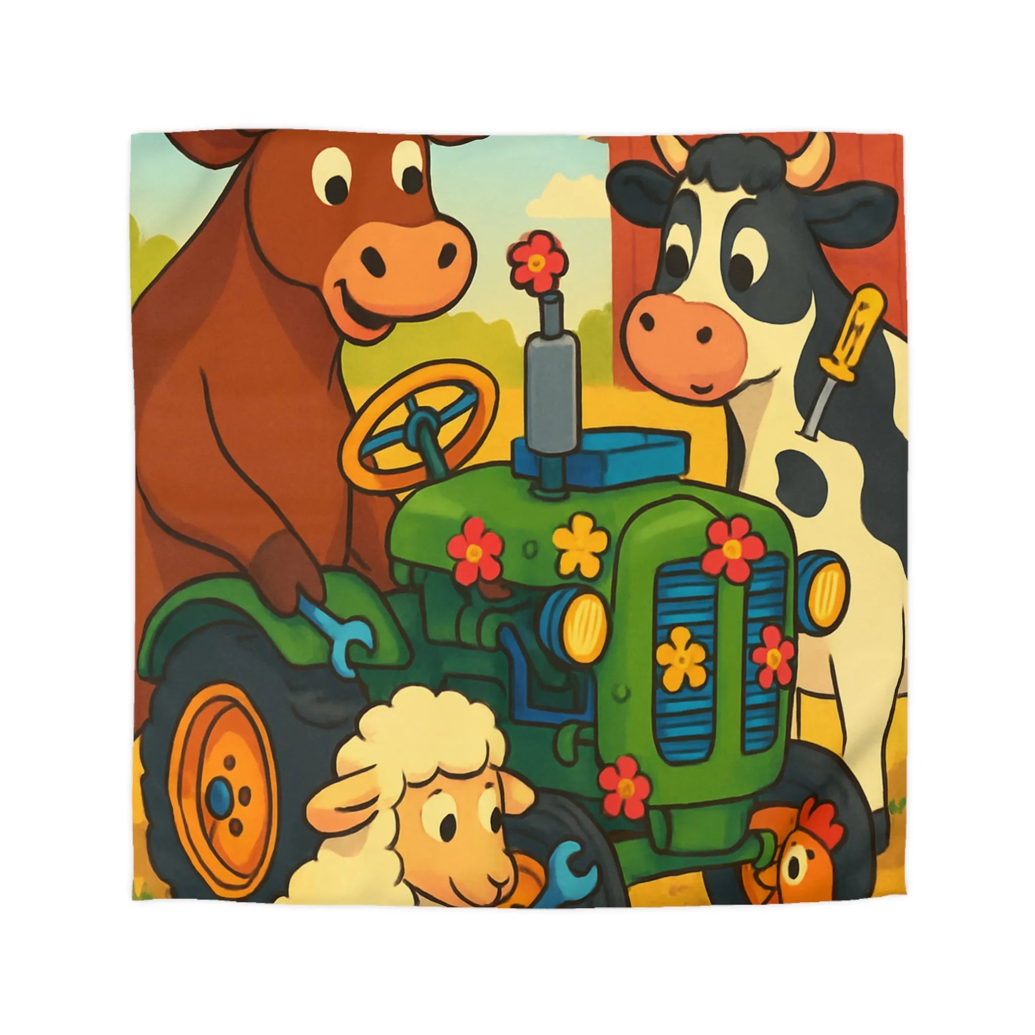 Housse de couette colorée avec animaux amusants à la ferme et tracteur ludique