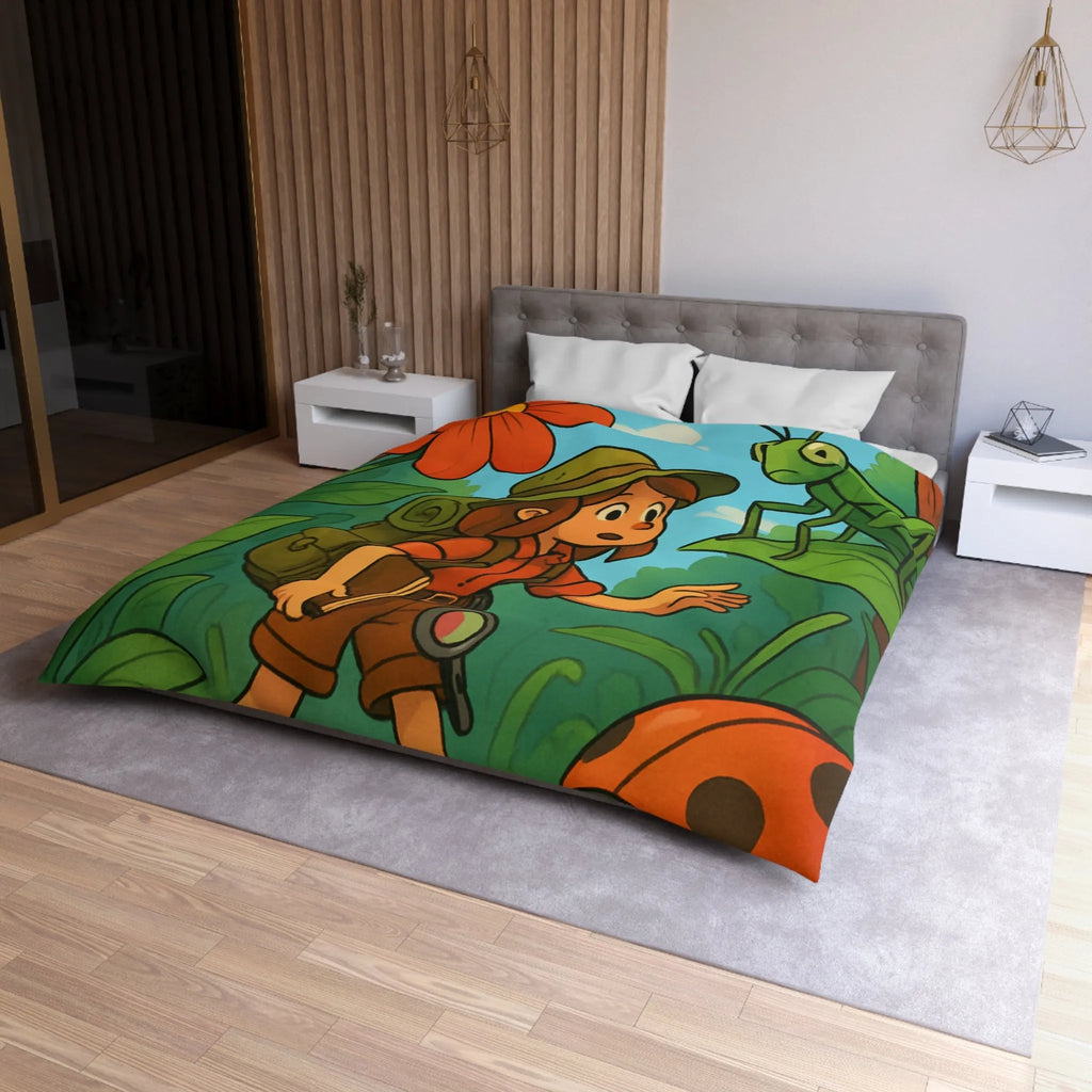 Housse de Couette Enfant Nature avec Exploratrice et Insectes Géants pour Aventure Ludiquement Colorée