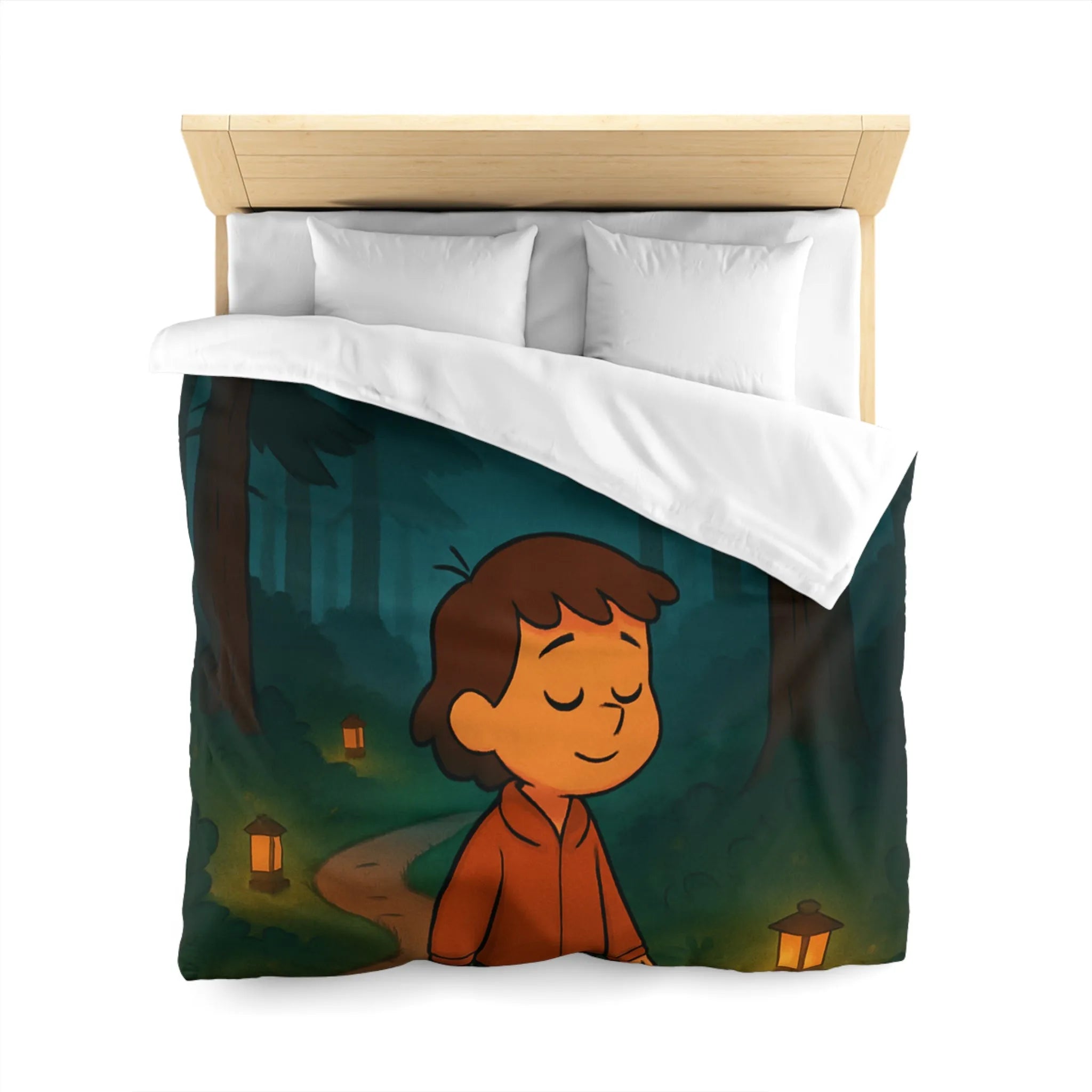 Housse de couette enfantine avec décor paisible de forêt au crépuscule pleine de lanternes