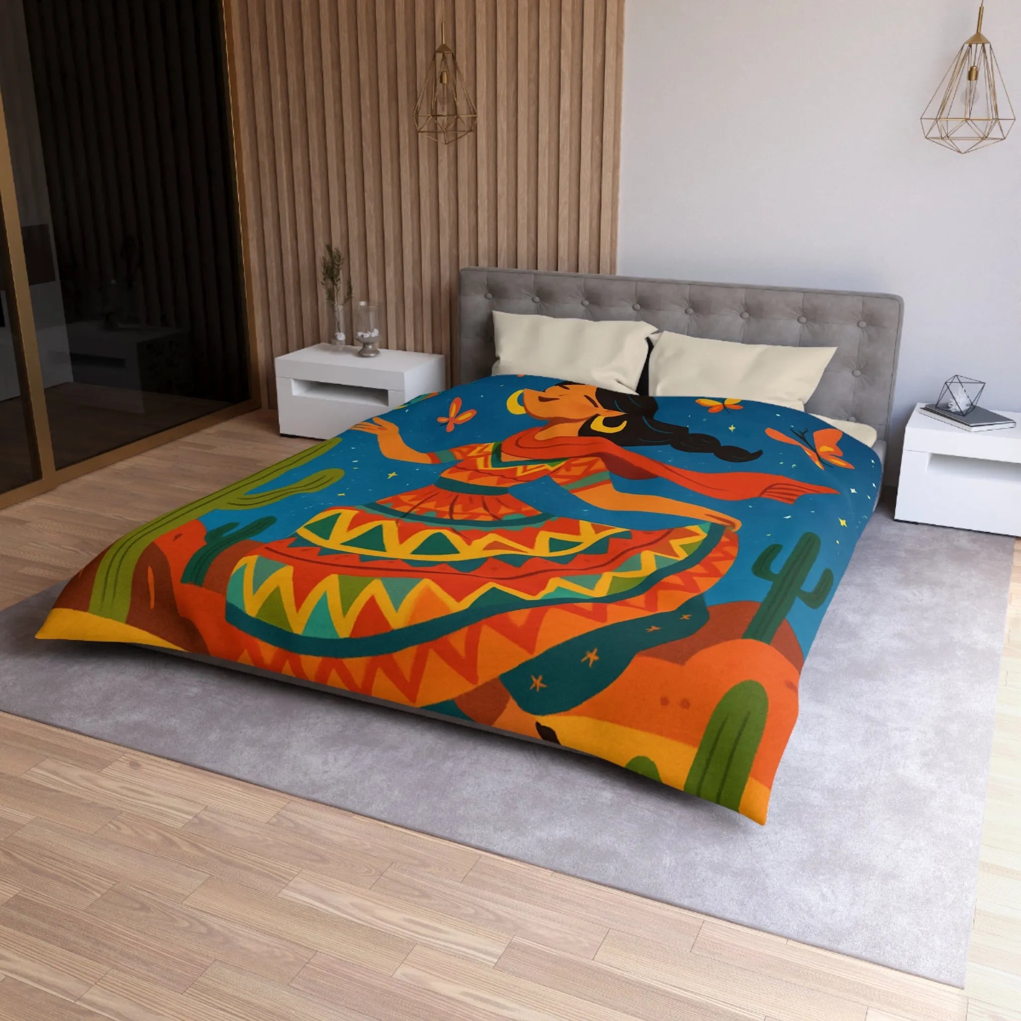 Housse de couette design vibrant danseuse avec papillons et paysage désert étoilé