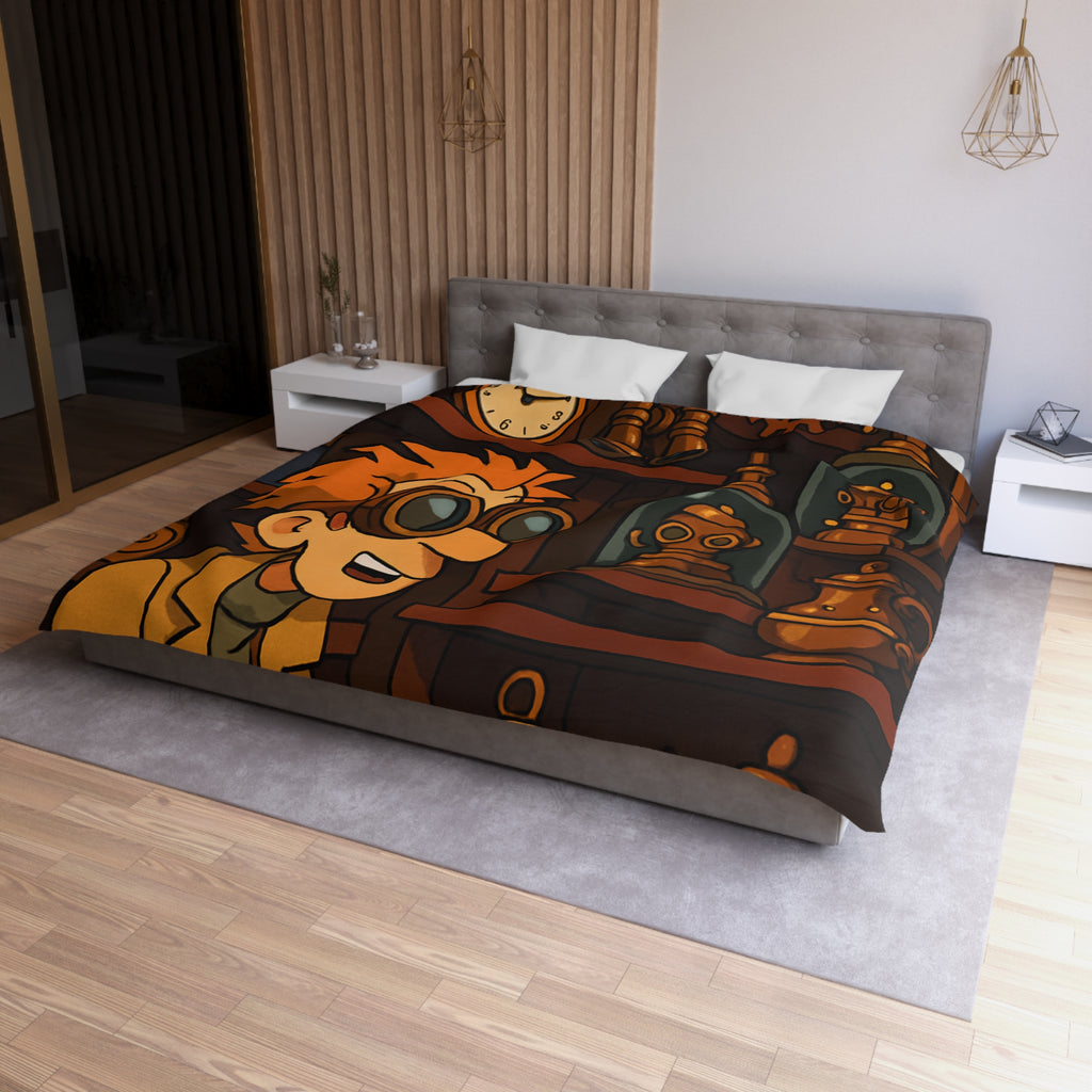 Housse de couette steampunk avec engrenages dorés et inventeur aux lunettes futuristes