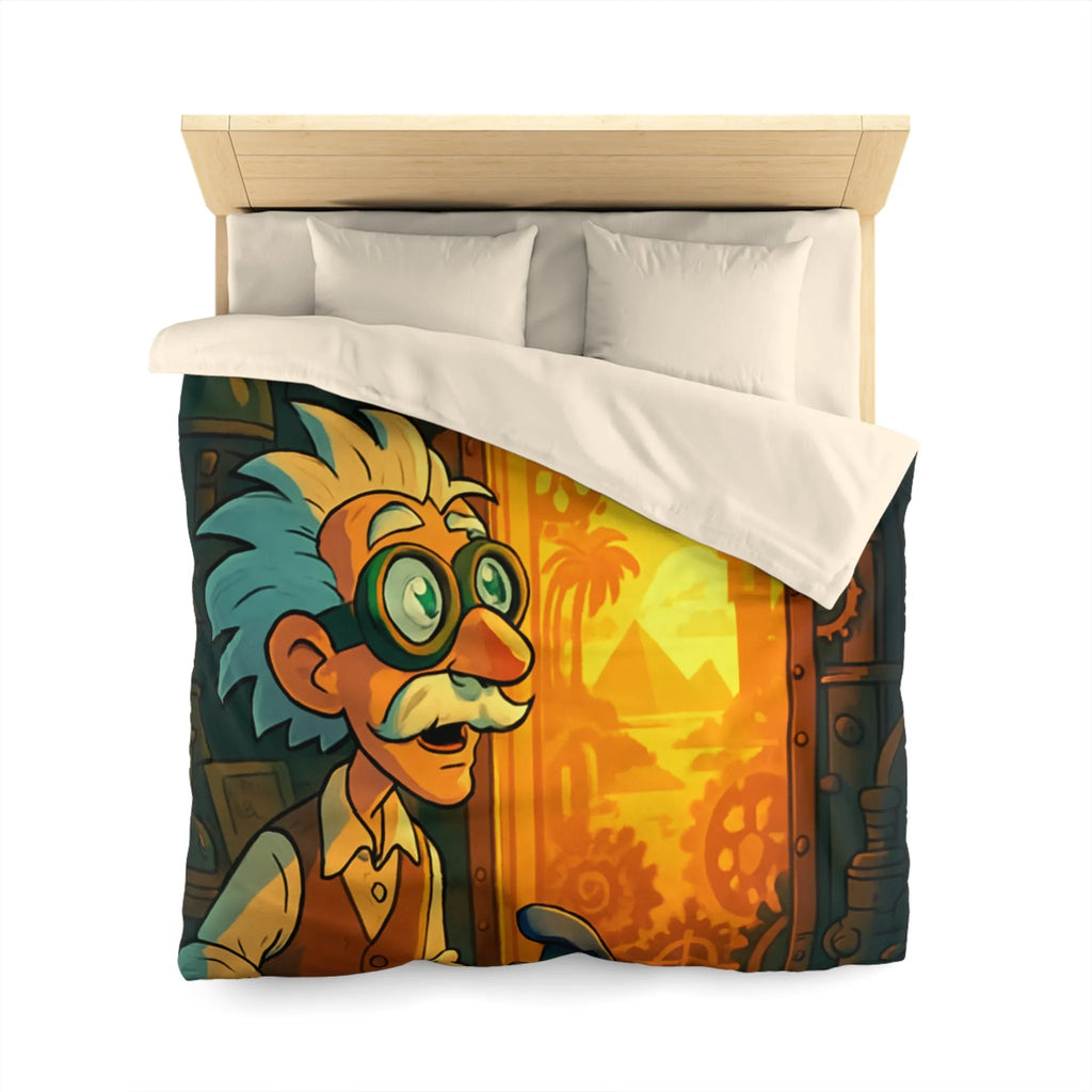 Housse de couette avec professeur inventeur et porte mystérieuse aux teintes orangées