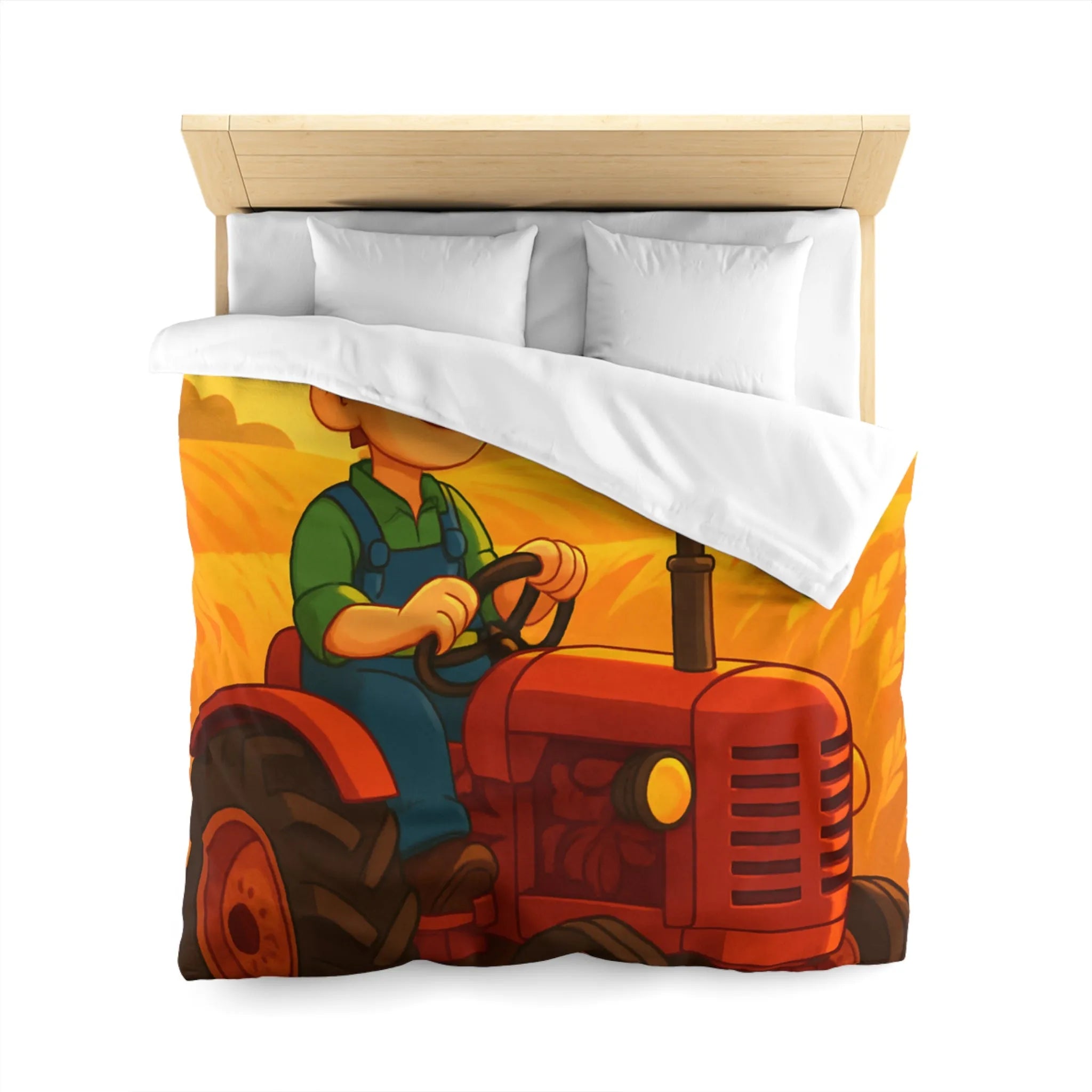 Housse de couette avec motif champêtre : tracteur, épouvantail et champ sous soleil couchant