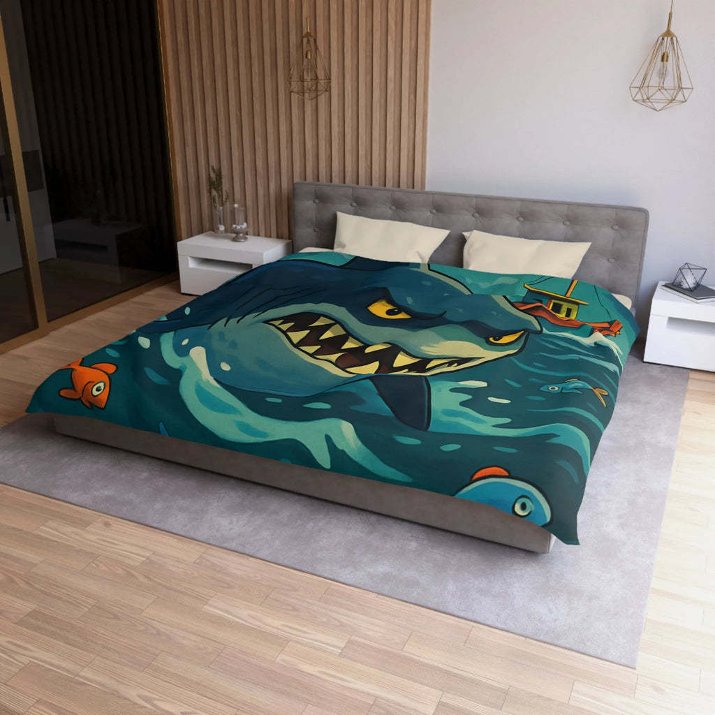 Housse de couette avec requin cartoon effrayant et poissons colorés en mer orageuse