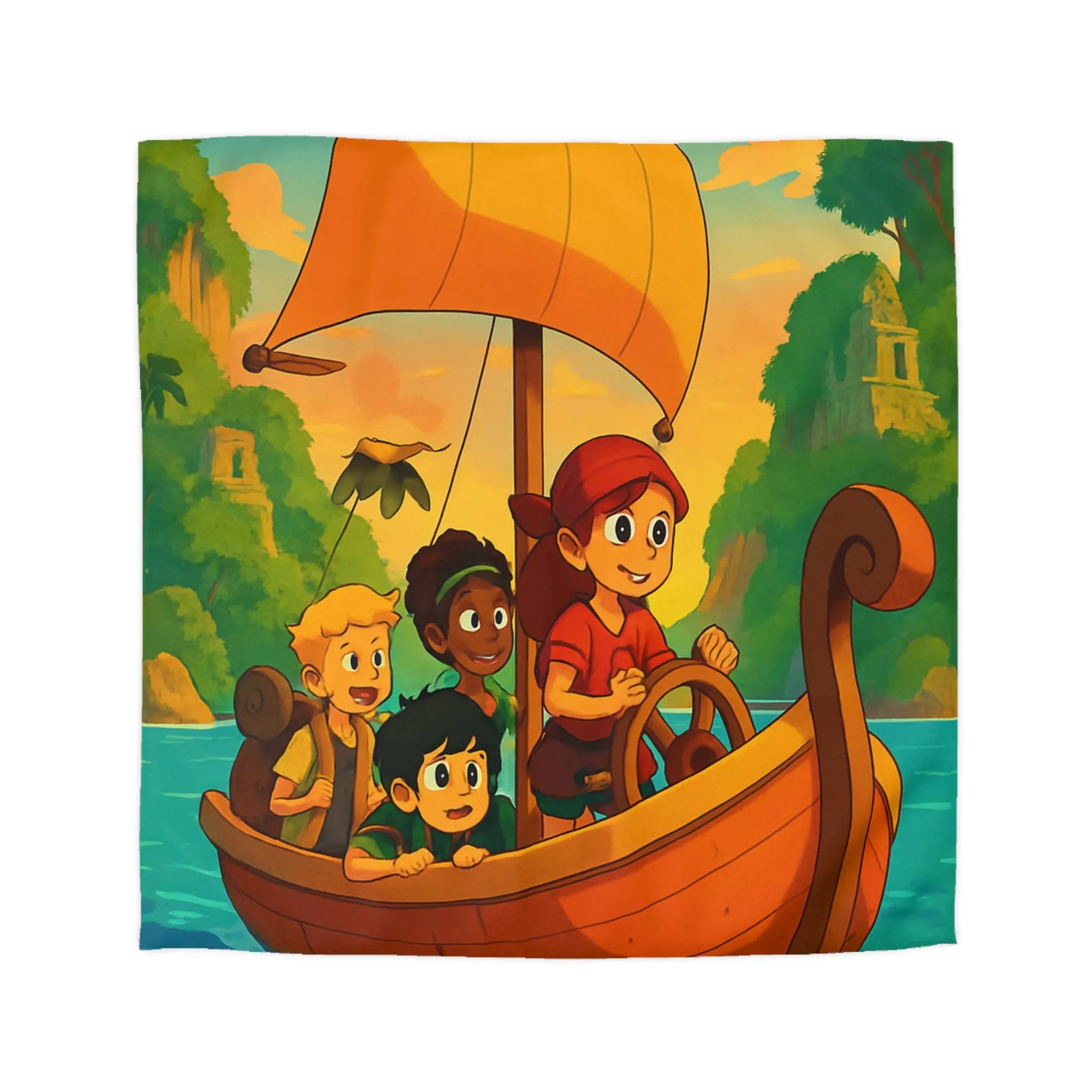 Housse de couette enfantine avec bateau, amis et animaux marins, ambiance tropicale vive