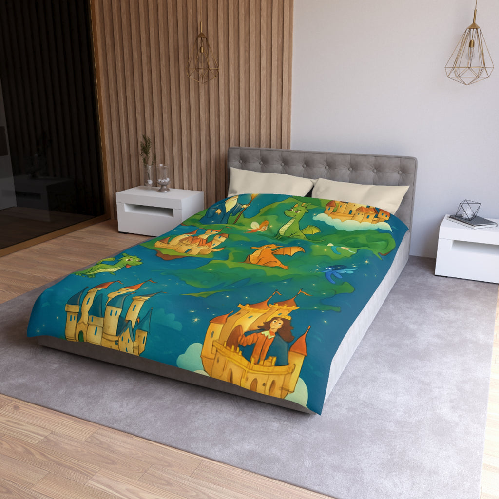 Housse de couette thématique féerique avec dragons, châteaux et un sorcier rêveur