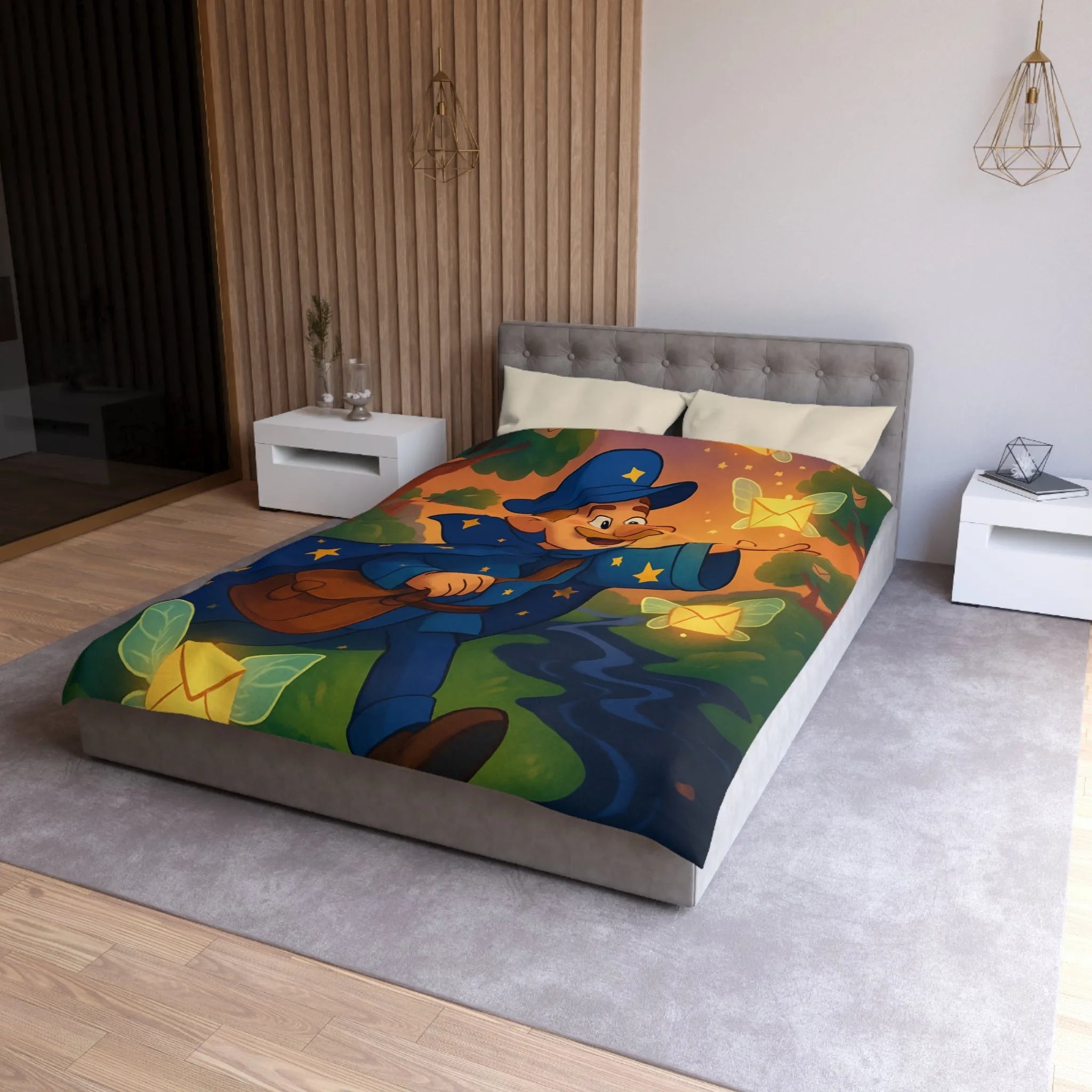 Housse de Couette Enfantine Magique Forêt Ambiance Nocturne Étoiles Arborées Postier Joyeux