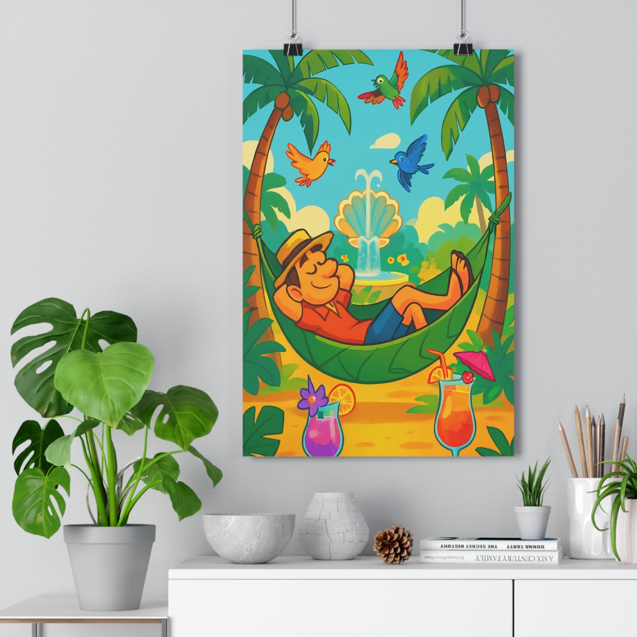 Poster décoratif cartoon vibrant bleu vert orange tropical joyeux salon chambre bureau relaxation qualité