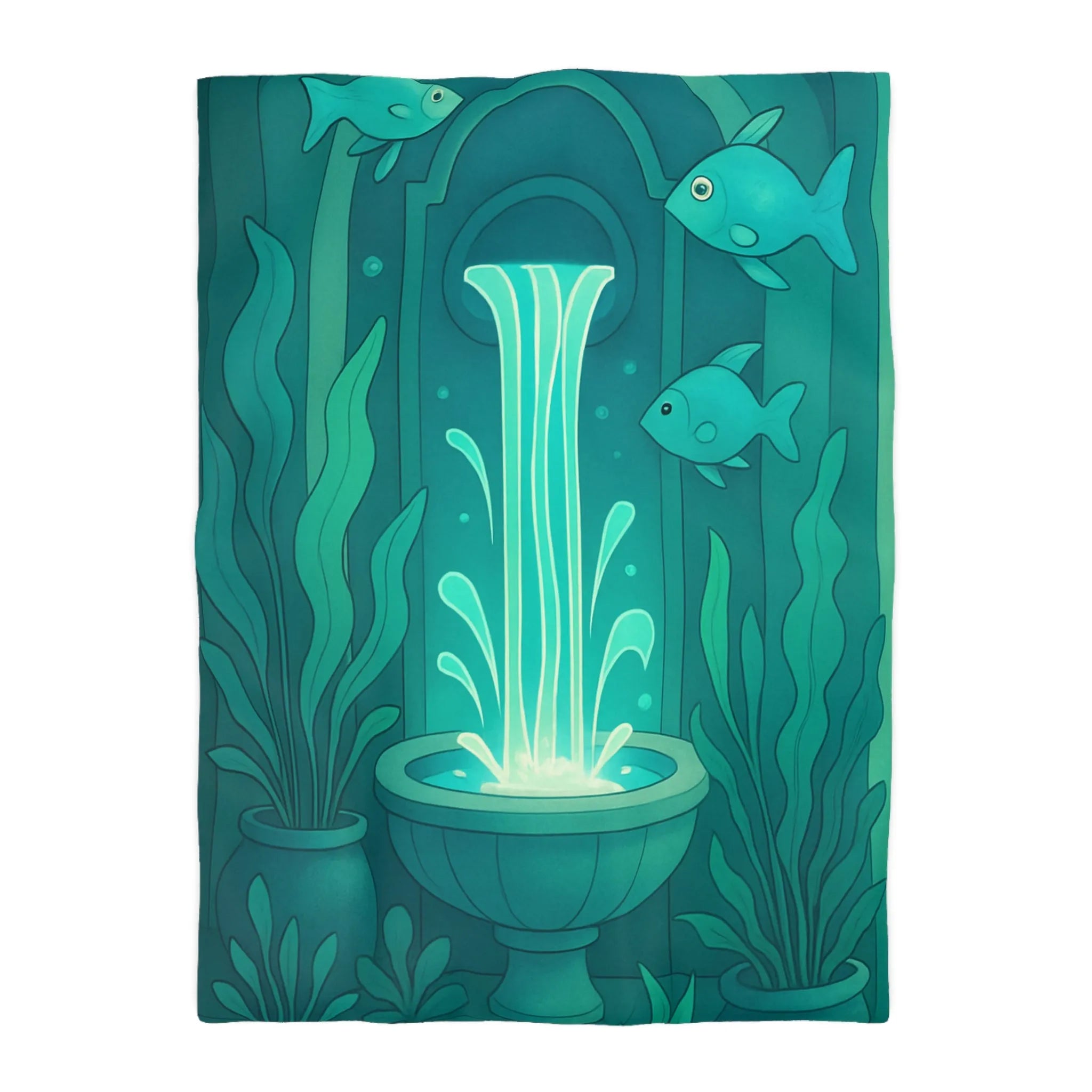 Housse de Couette Art Nouveau Illustrée Fontaine Poissons Teintes Bleues Calmes Décoration Intérieure