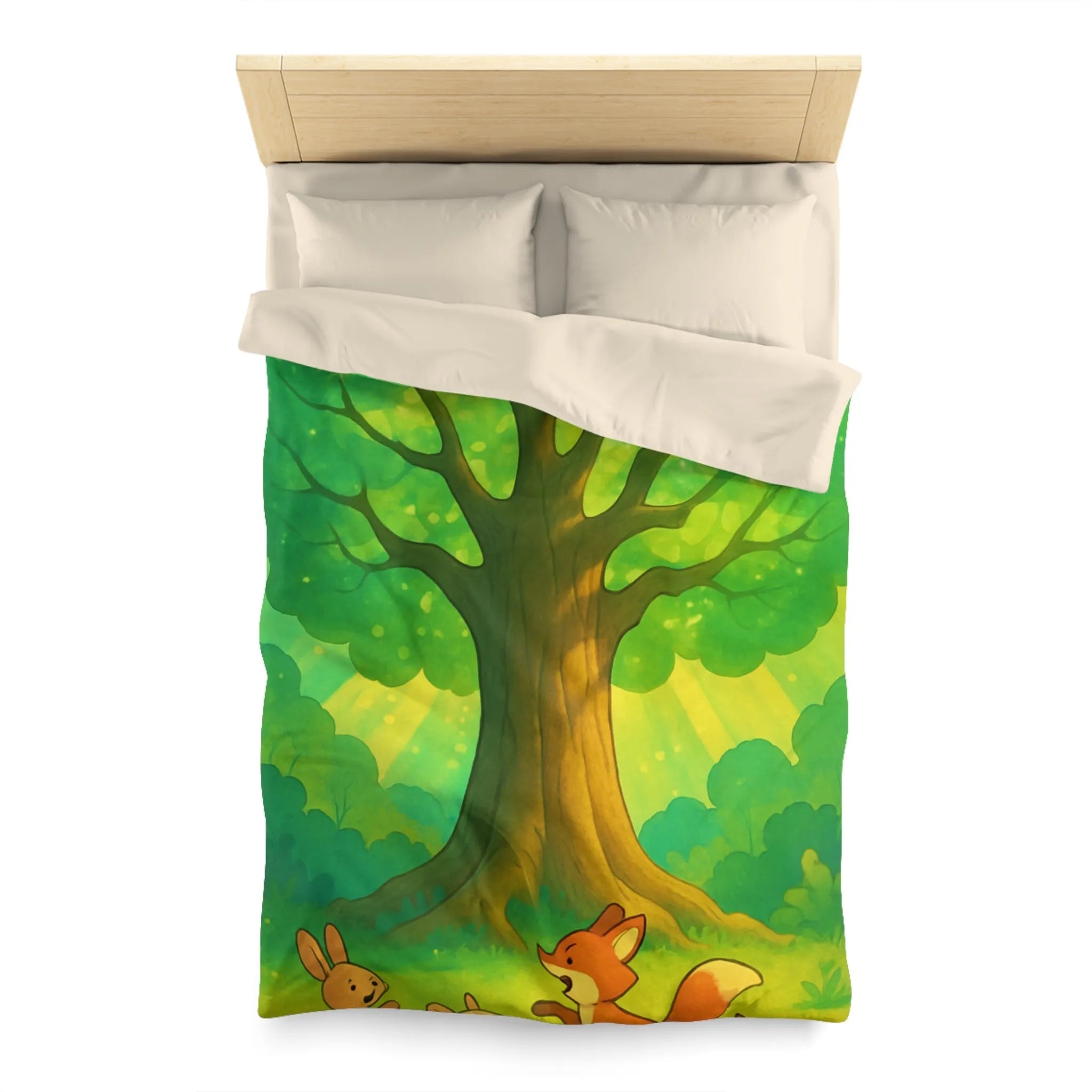 Charmante forêt enchantée avec animaux espiègles sous un majestueux arbre scintillant illustré