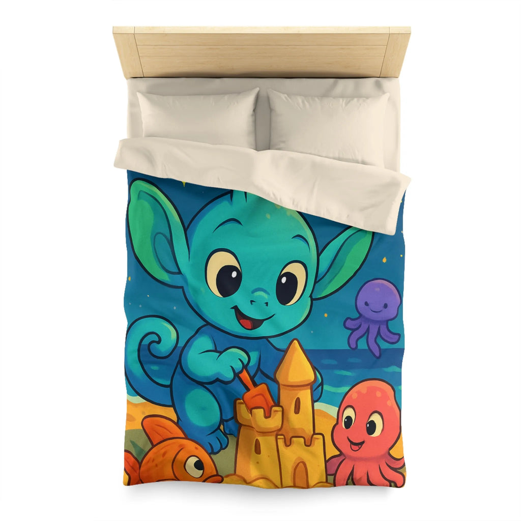 Housse de couette enfant avec créature bleue construisant un château de sable amusant