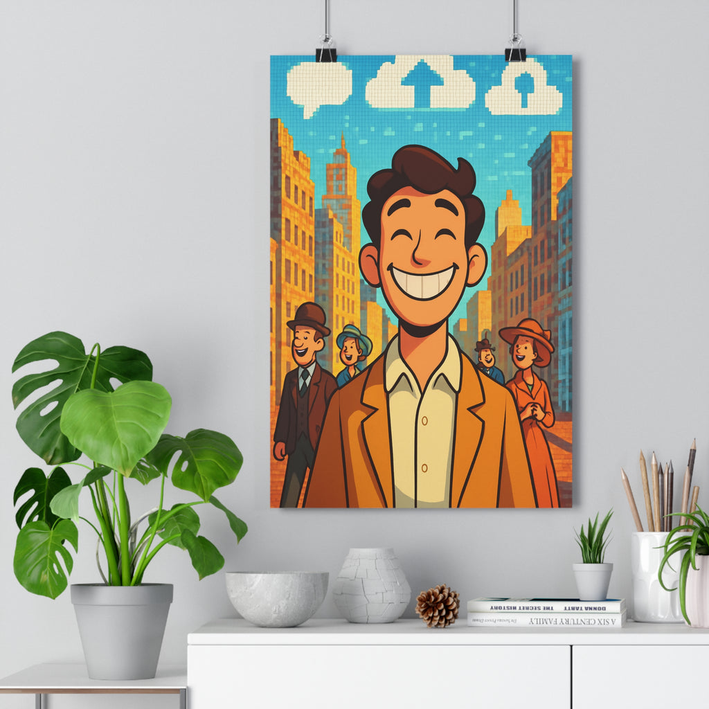 Poster décoratif cartoon futuriste optimiste rétro urbain couleurs vives bleu salon chambre bureau unique