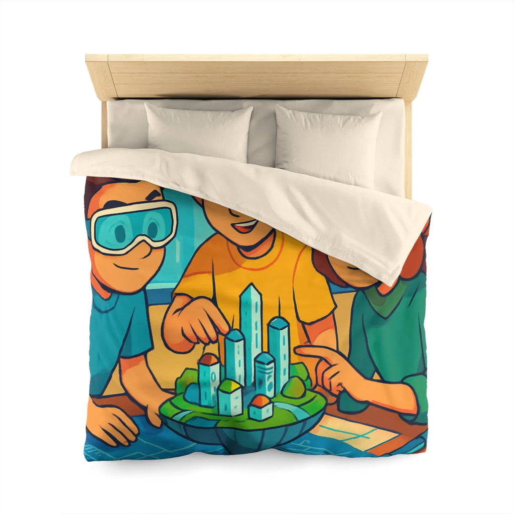 Housse de couette avec design futuriste ludique, enfants explorant une ville miniature colorée