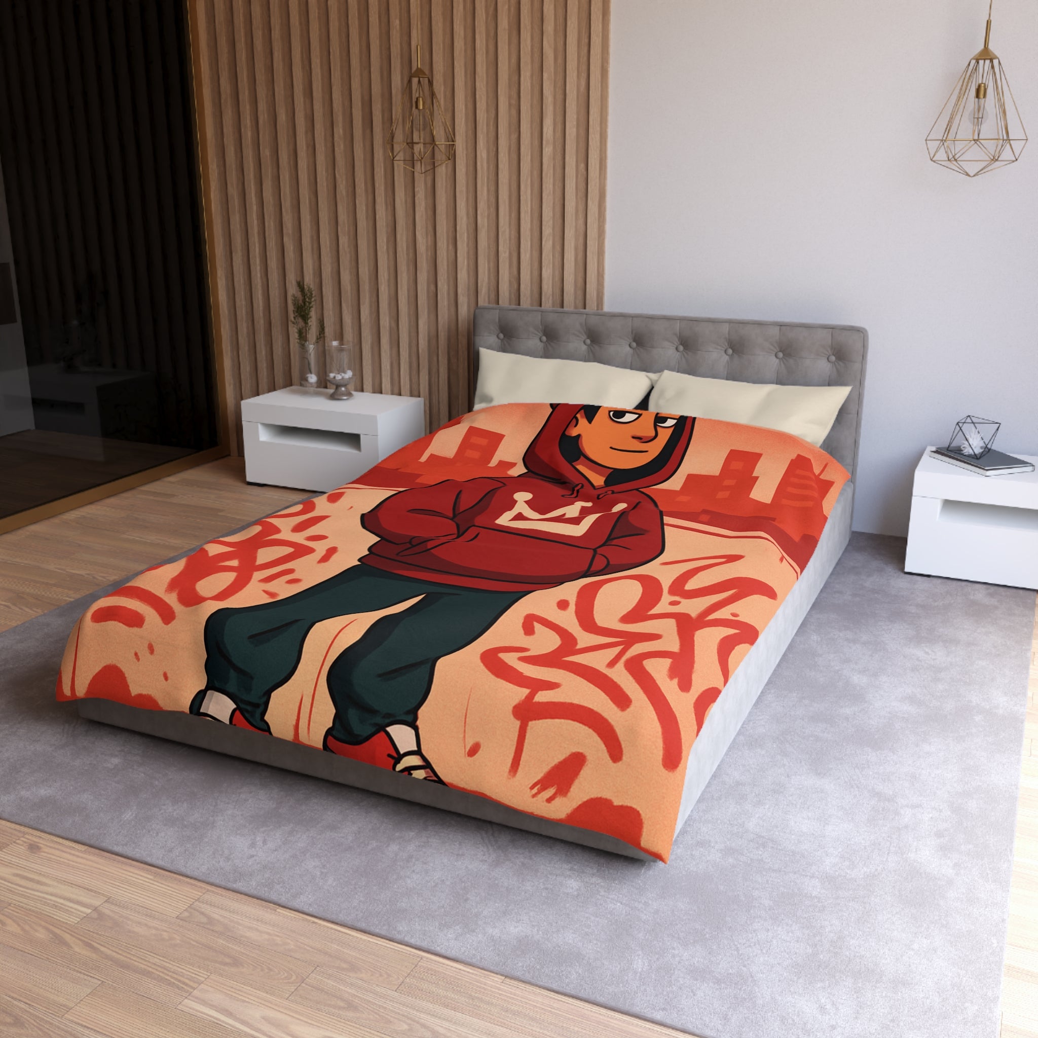 Housse de couette urbaine rouge avec motif couronne et graffiti artistique moderne