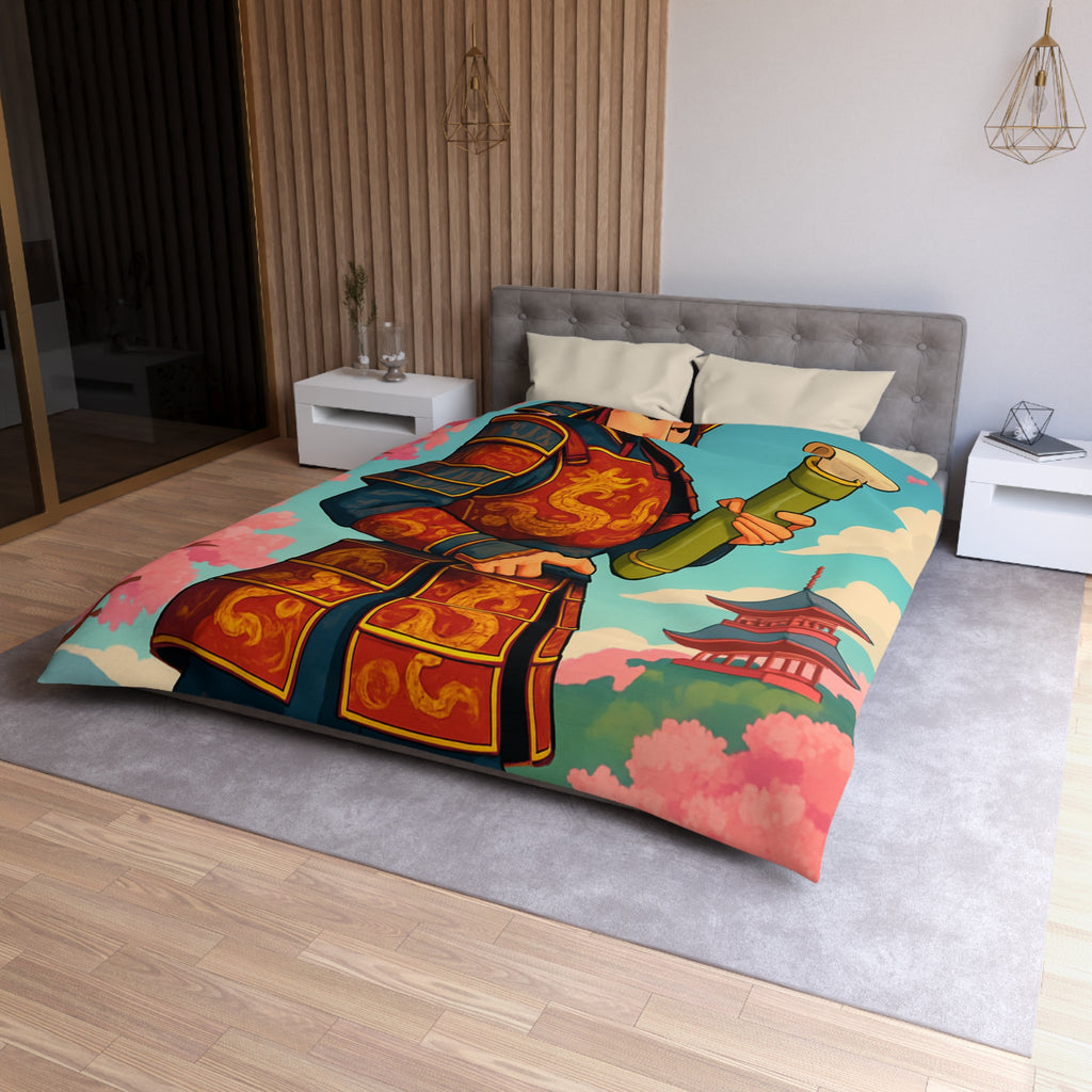 Housse de Couette Samouraï Japonais avec Armure Traditionnelle et Cerisiers en Fleurs