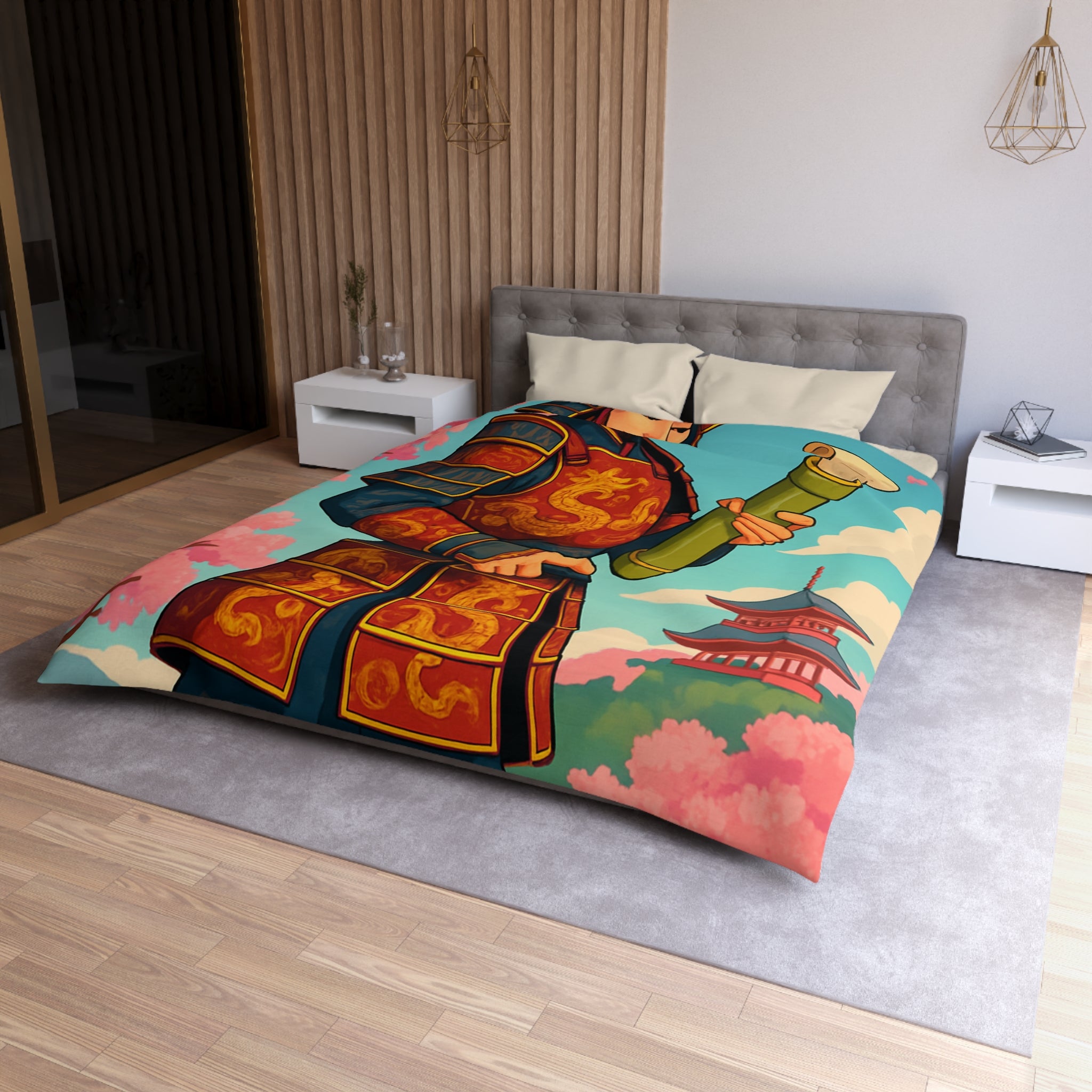 Housse de Couette Samouraï Japonais avec Armure Traditionnelle et Cerisiers en Fleurs