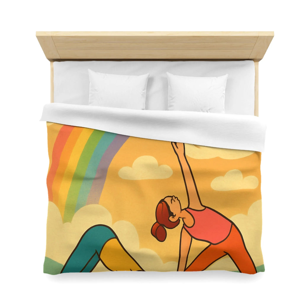 Housse De Couette Enfant Avec Arc-en-Ciel Coloré Et Personnages Pratiquant Le Yoga Énergique