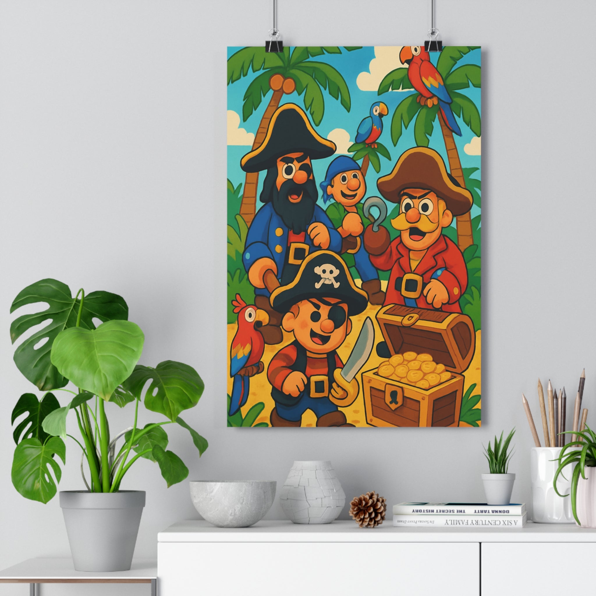 Poster décoratif enfant aventure pirate joyeux palmier perroquet trésor chambre coloré fantaisiste ludique amusant