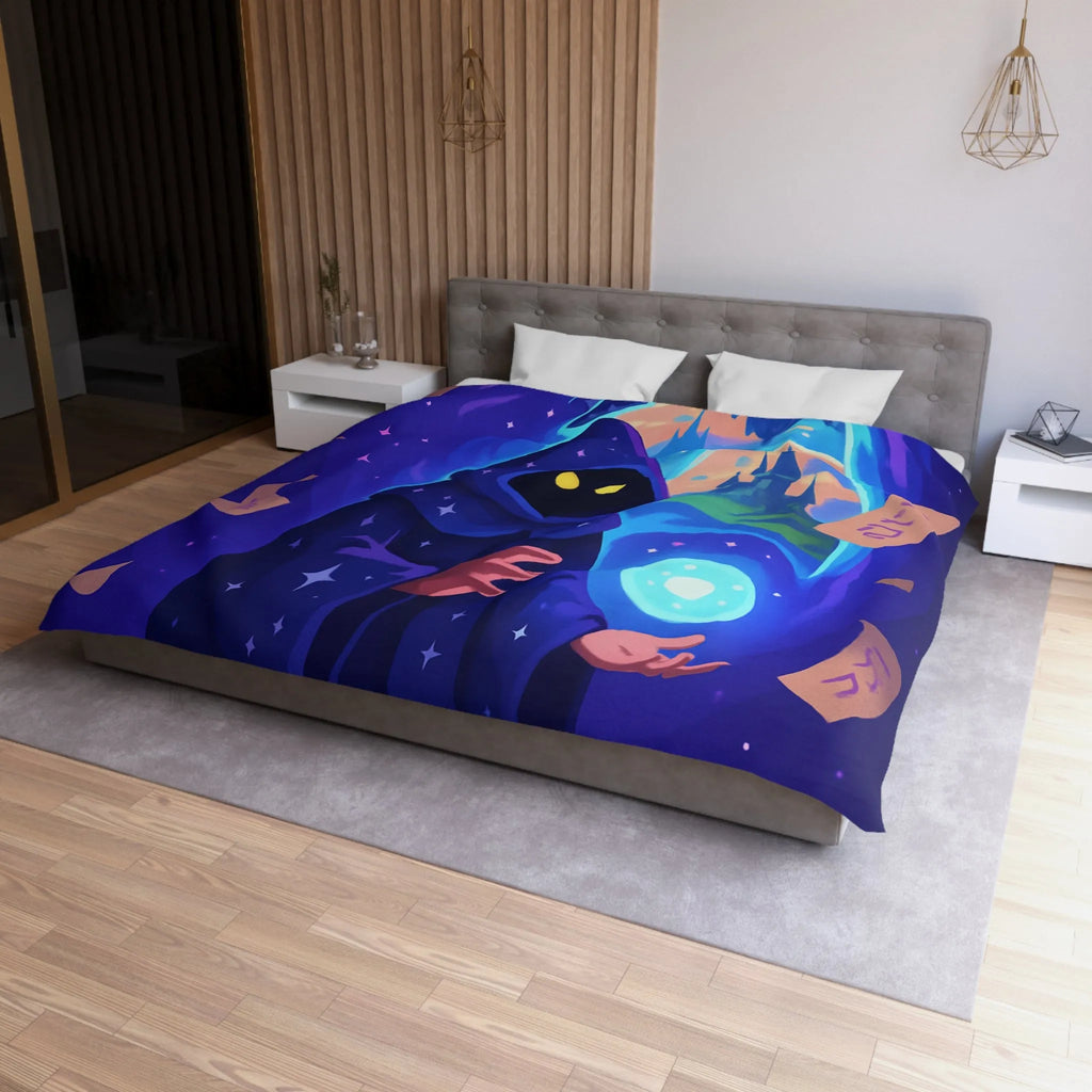 Housse de couette magique bleu nuit avec sorcier et château fantastique étoilé mystérieux