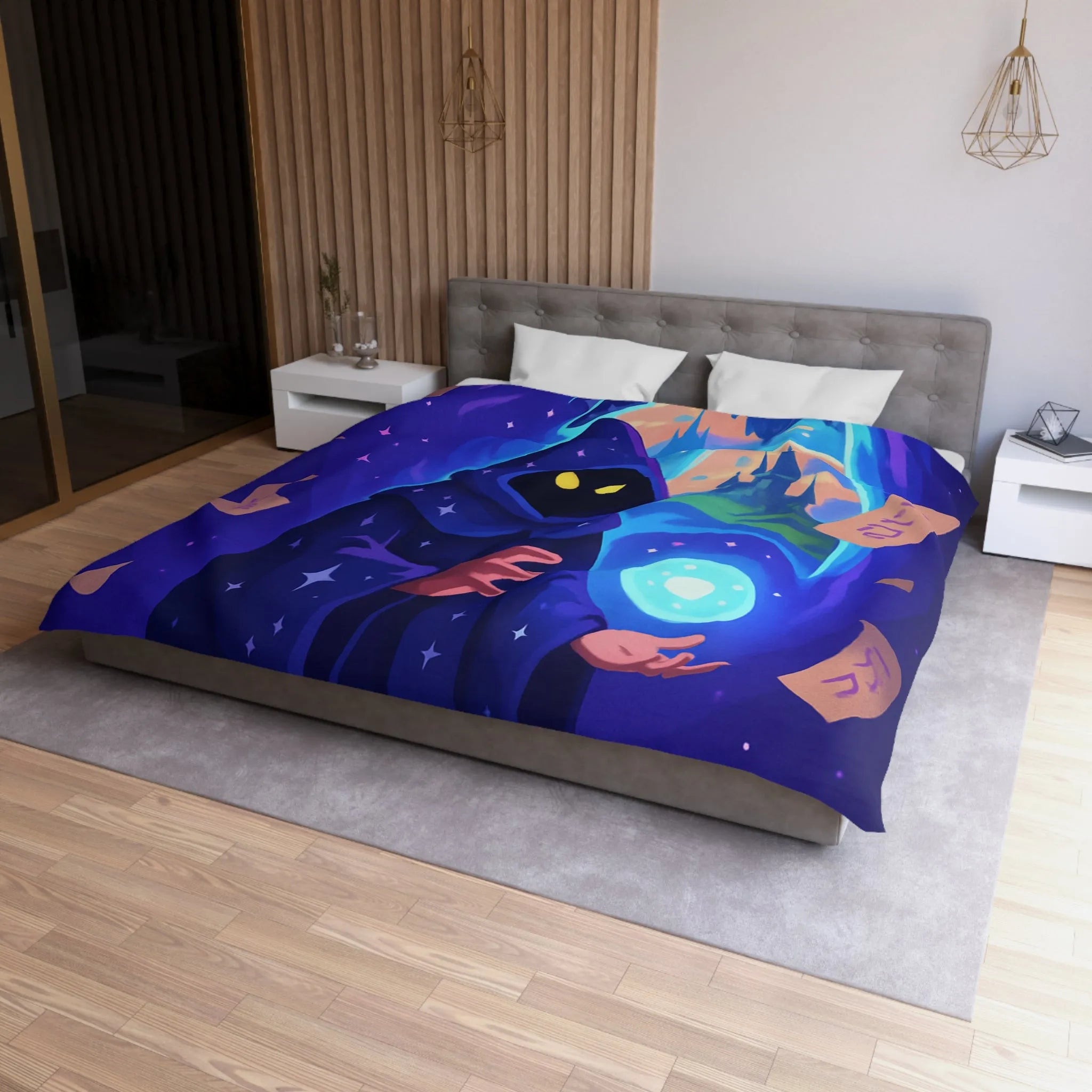 Housse de couette magique bleu nuit avec sorcier et château fantastique étoilé mystérieux