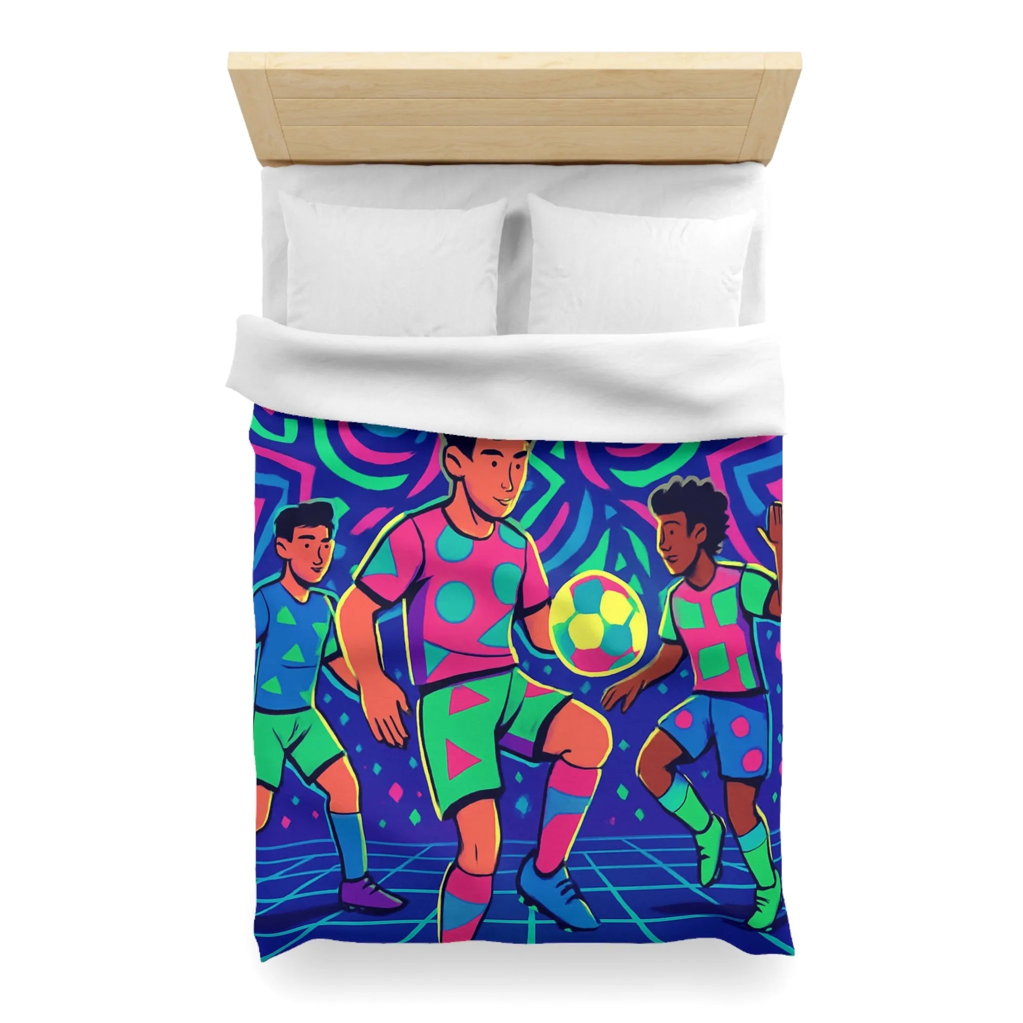 Housse de Couette Football Colorée avec Motifs Psychédéliques et Jeunes Joueurs en Action