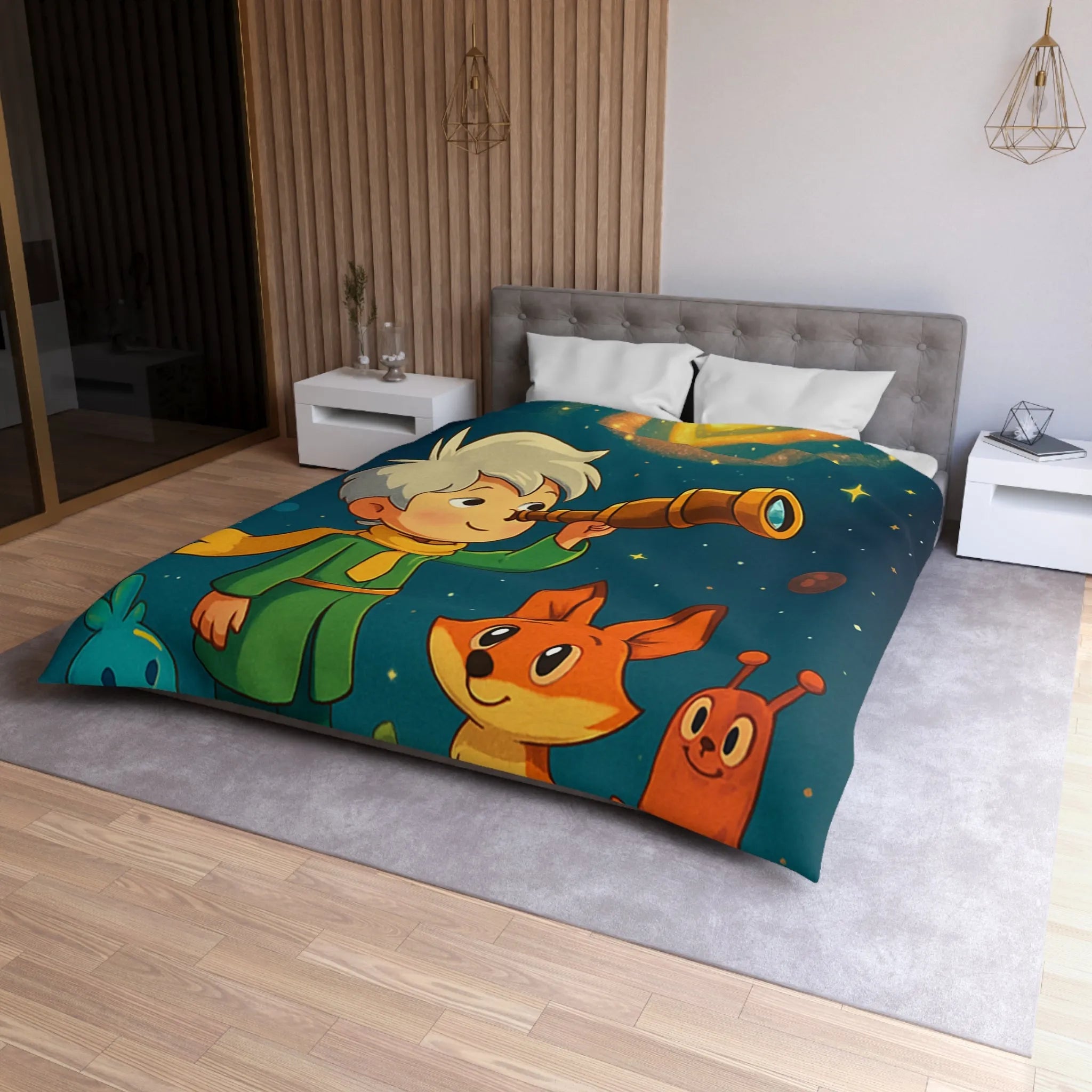 Housse de couette enfant rêveur observant les étoiles avec télescope et animaux adorables