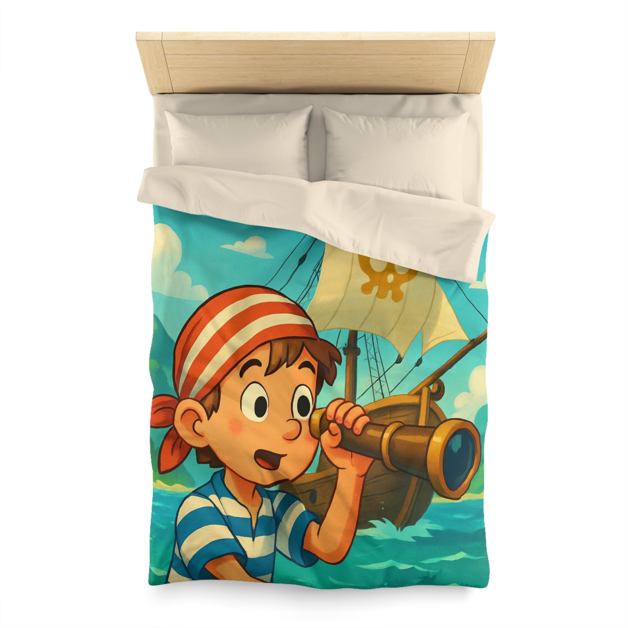 Housse de Couette Pirate Enfantine avec Bateau et Jumelles pour Chambre Aventure