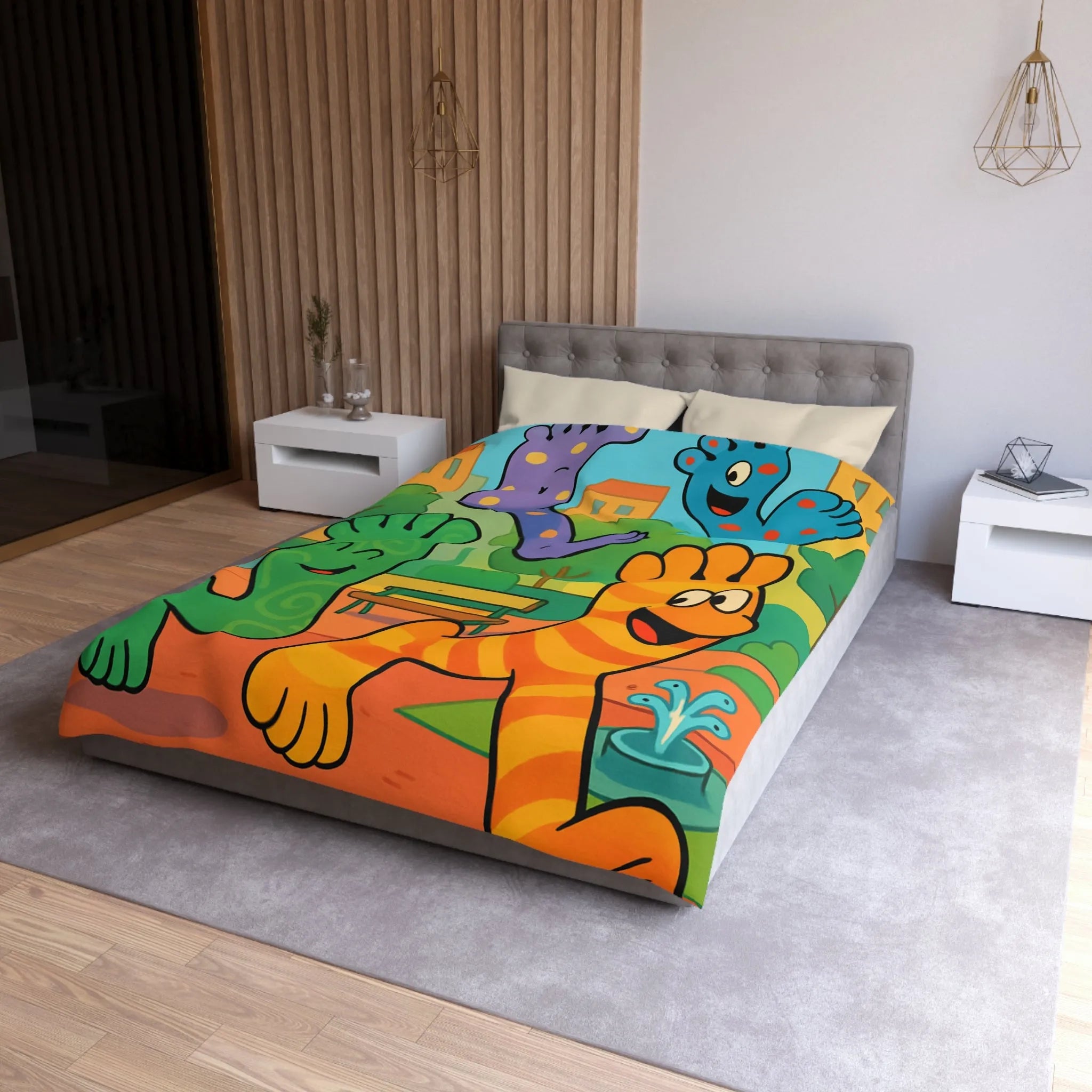 Housse de couette ludique avec motifs pieds colorés dans un parc joyeux urbain