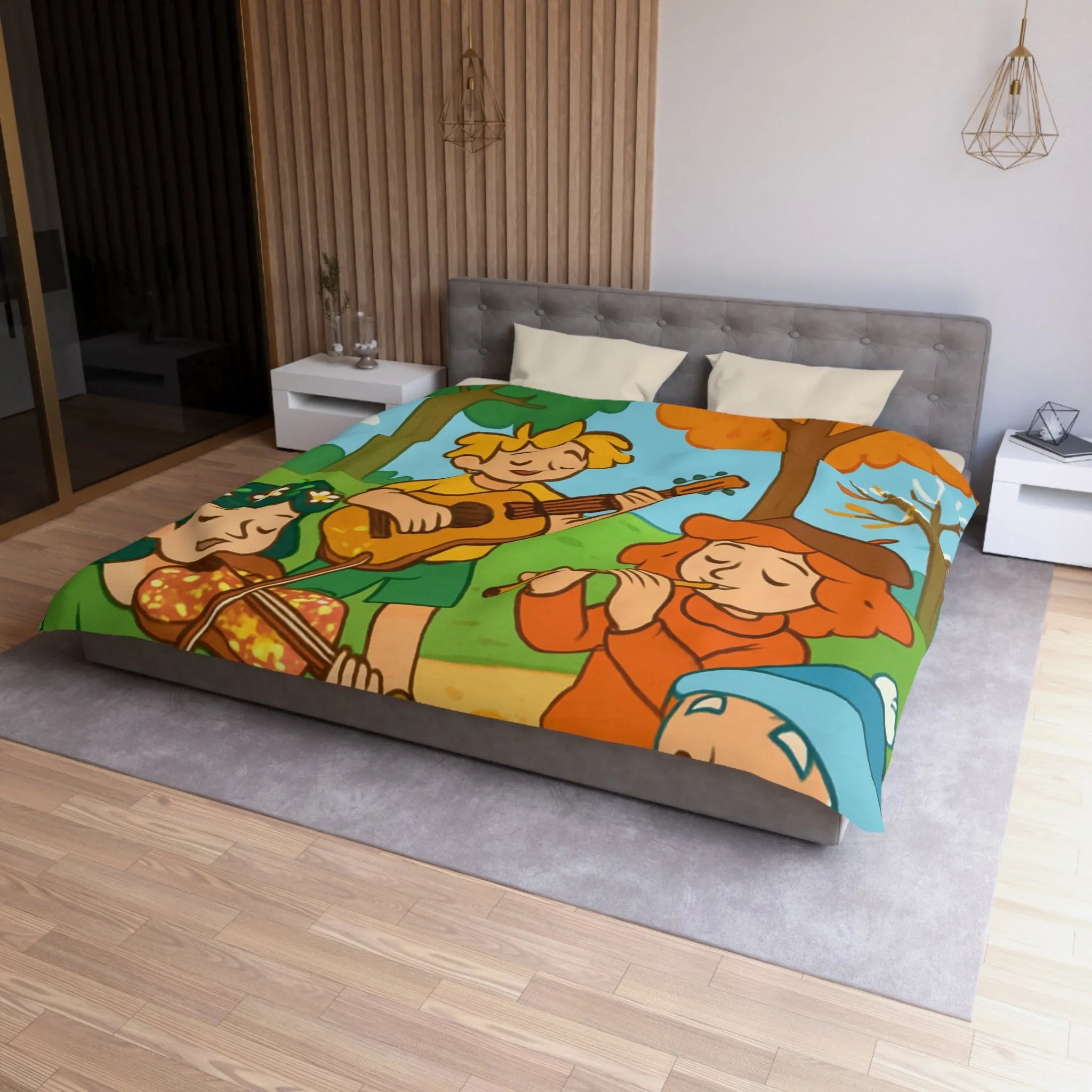 Housse de couette colorée avec enfants jouant de la musique en forêt automnale
