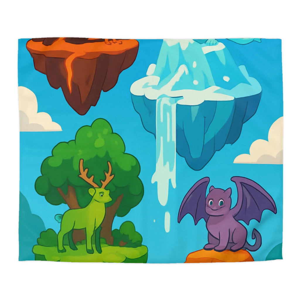 Housse de couette fantasy avec îles flottantes et créatures magiques colorées
