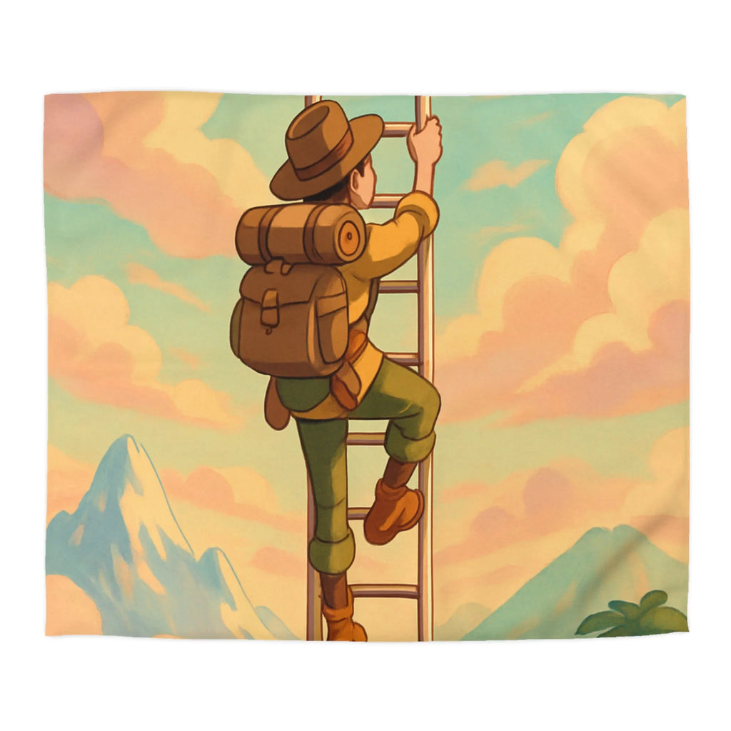 Housse de couette avec aventurier grimpant échelle vers ciel pastel et montagnes lointaines