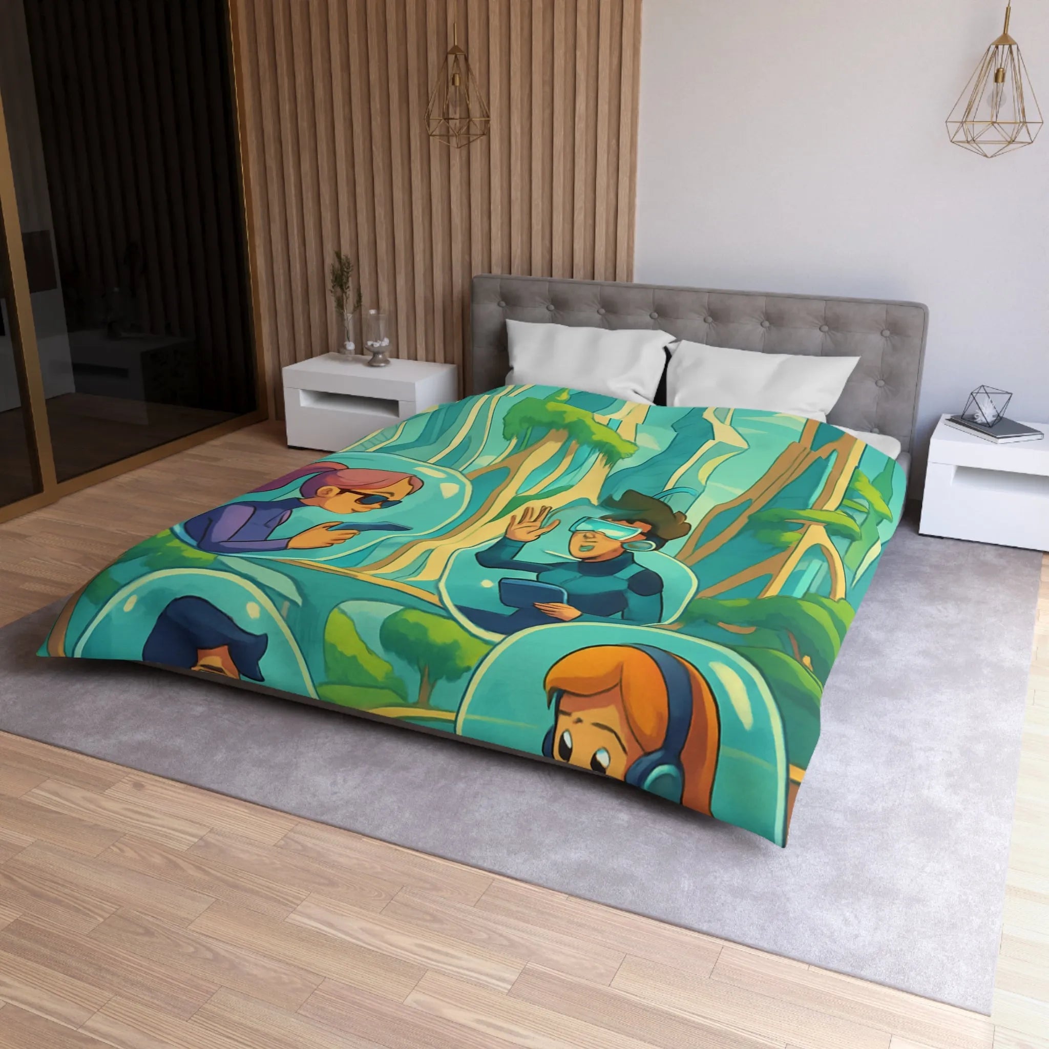 Housse de couette futuriste avec paysage urbain et personnages connectés en réalité augmentée