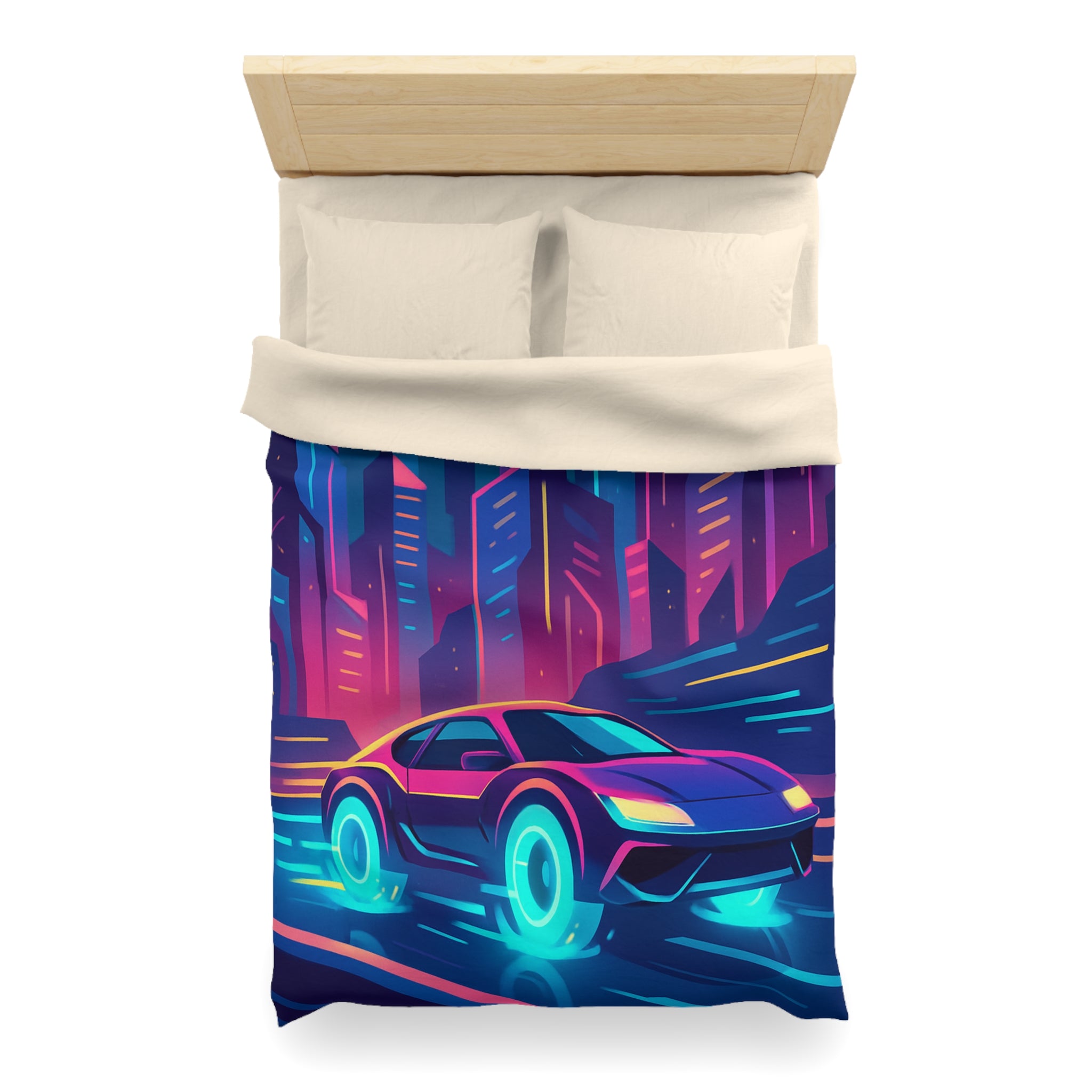 Parure de lit futuriste avec voiture néon sous lune pleine en ville vibrante