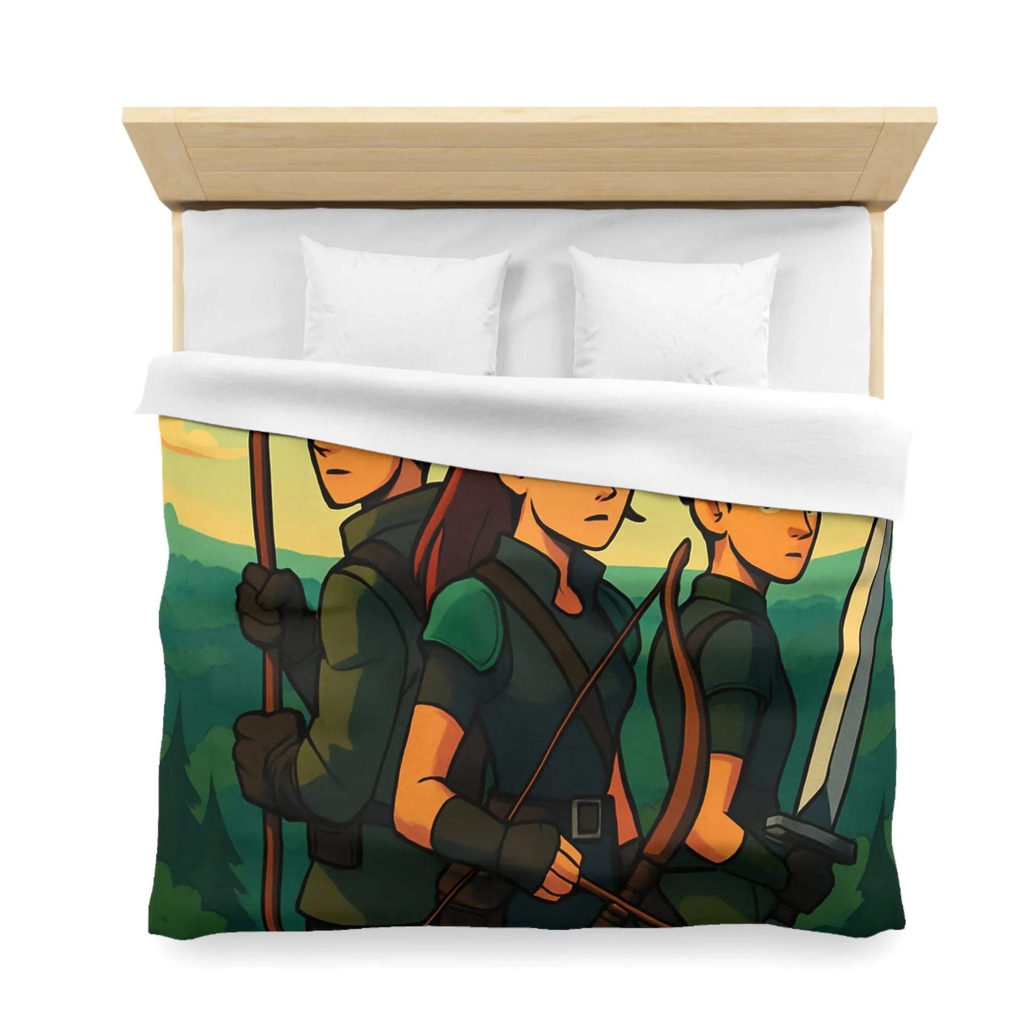 Housse de couette illustrée trois héros médiévaux arc épée forêt château aube