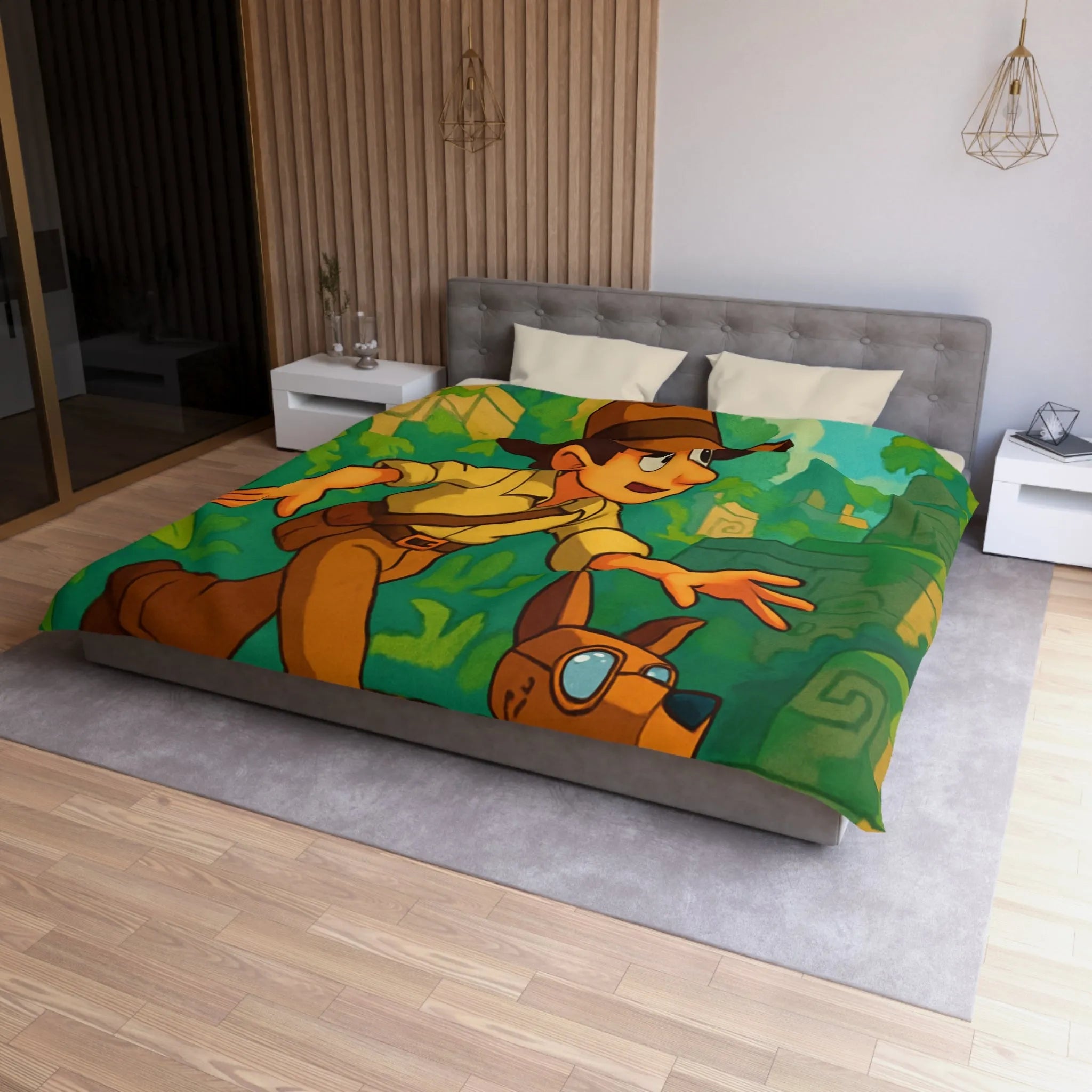 Housse de couette aventure jungle avec personnage explorateur et chien robotique animé