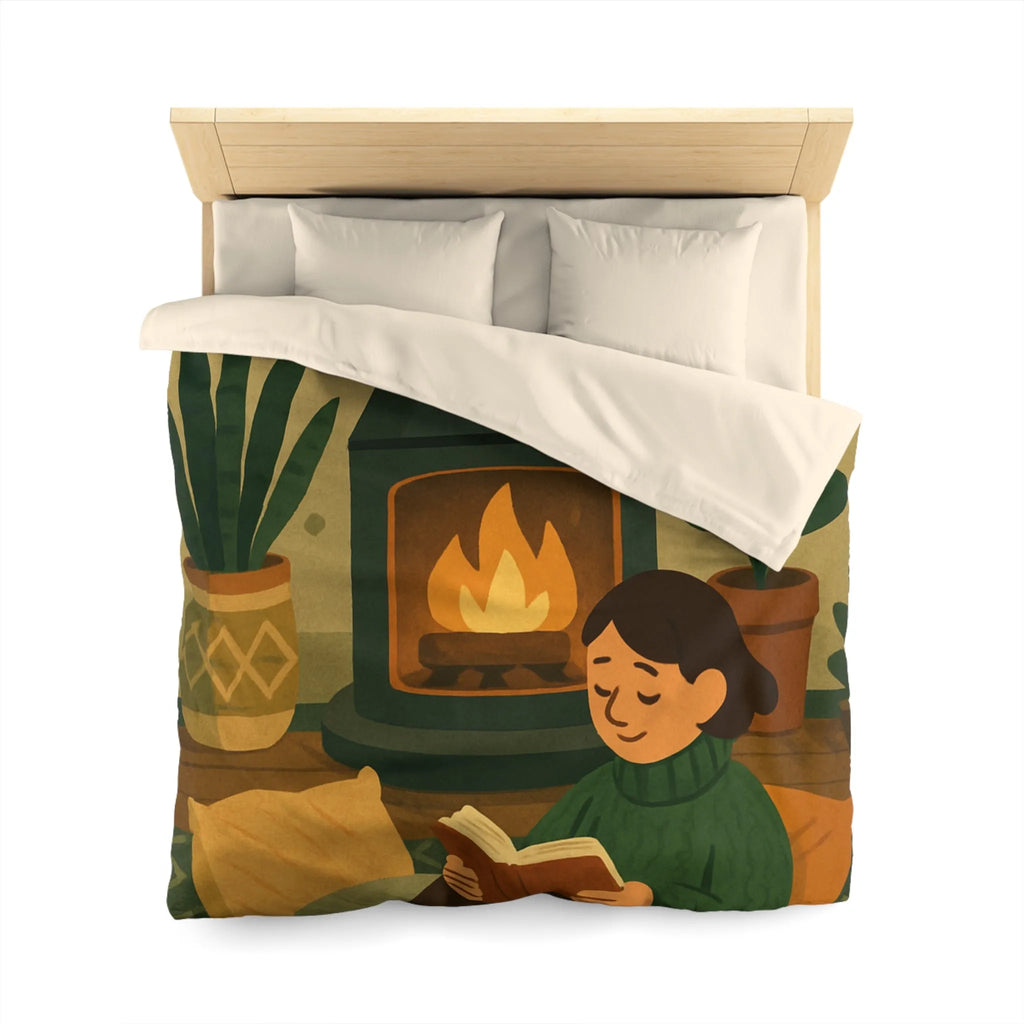 Housse de couette cosy avec cheminée et ambiance hygge, style scandinave relaxant