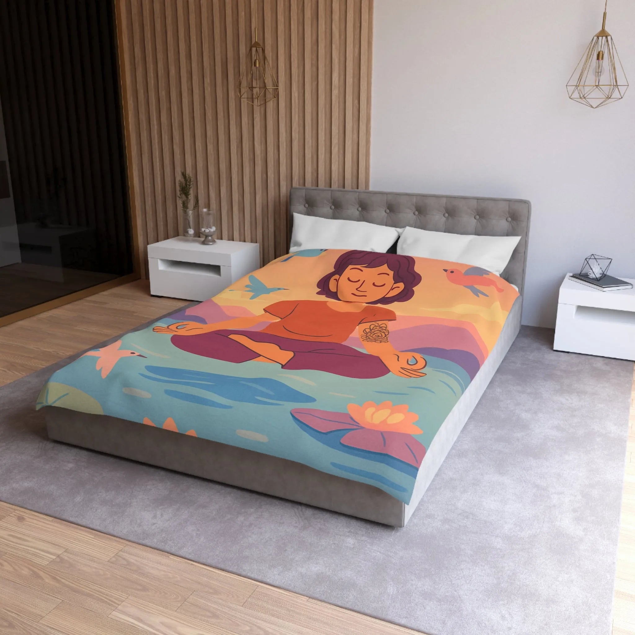 Housse de couette méditative avec motifs paisibles de nature et oiseaux colorés